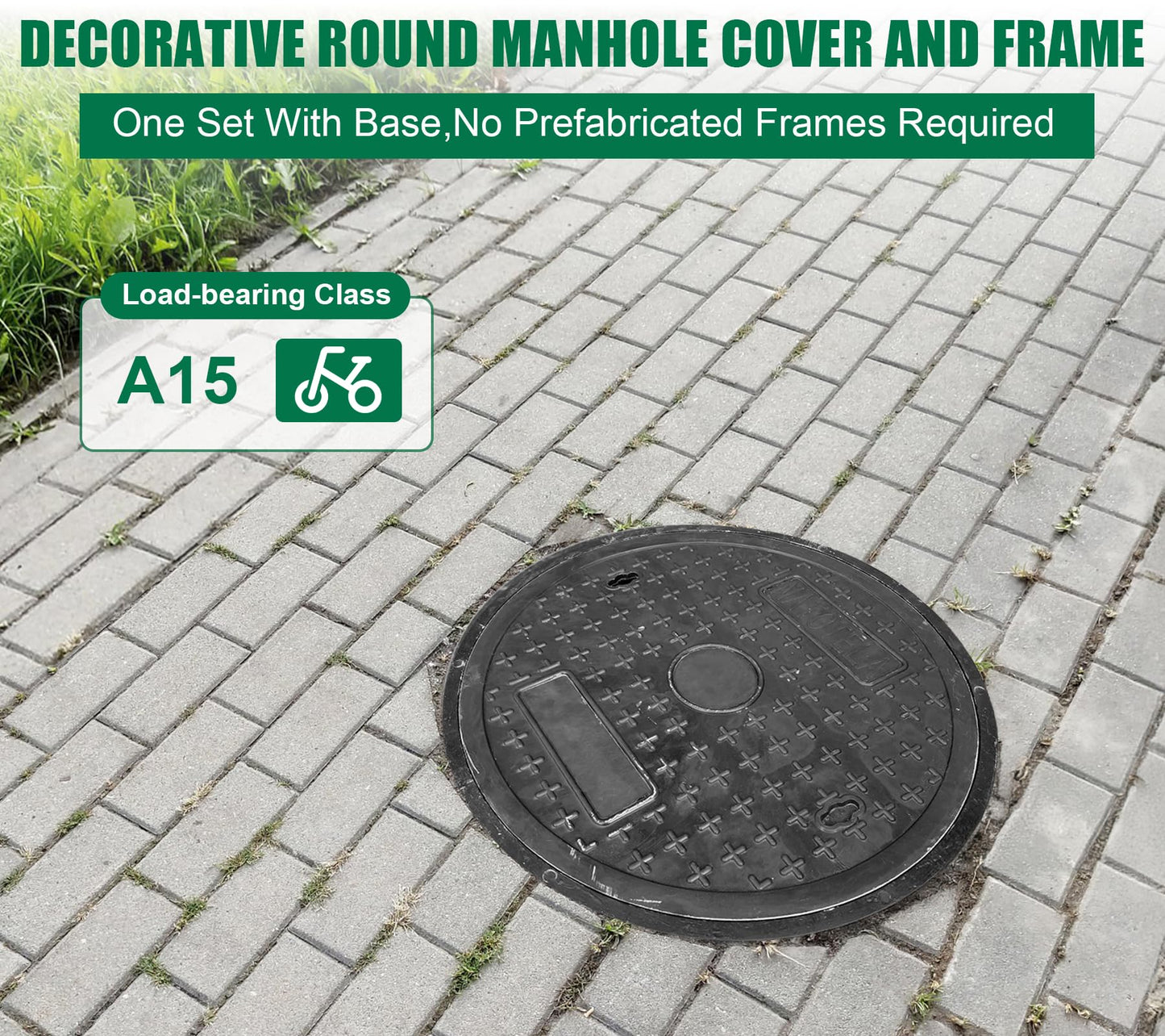 Natotela 16in Round Manhole Cover and Frame, Fiberglass Recessed Solid Top Cover with Base Size 18.5in,14in Clear Opening,Septic Tank Cover and Base for yard, Non-slip Reinforced Sewage Basin Cover