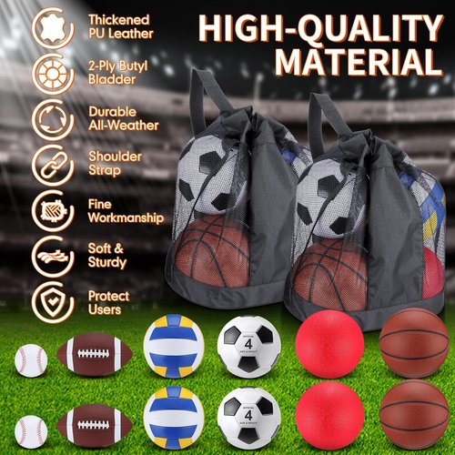 Deekin 12-Piece Assorted Sport Ball Set - Official Size Basketball, Football, Volleyball & More | Ideal Kids' Gift