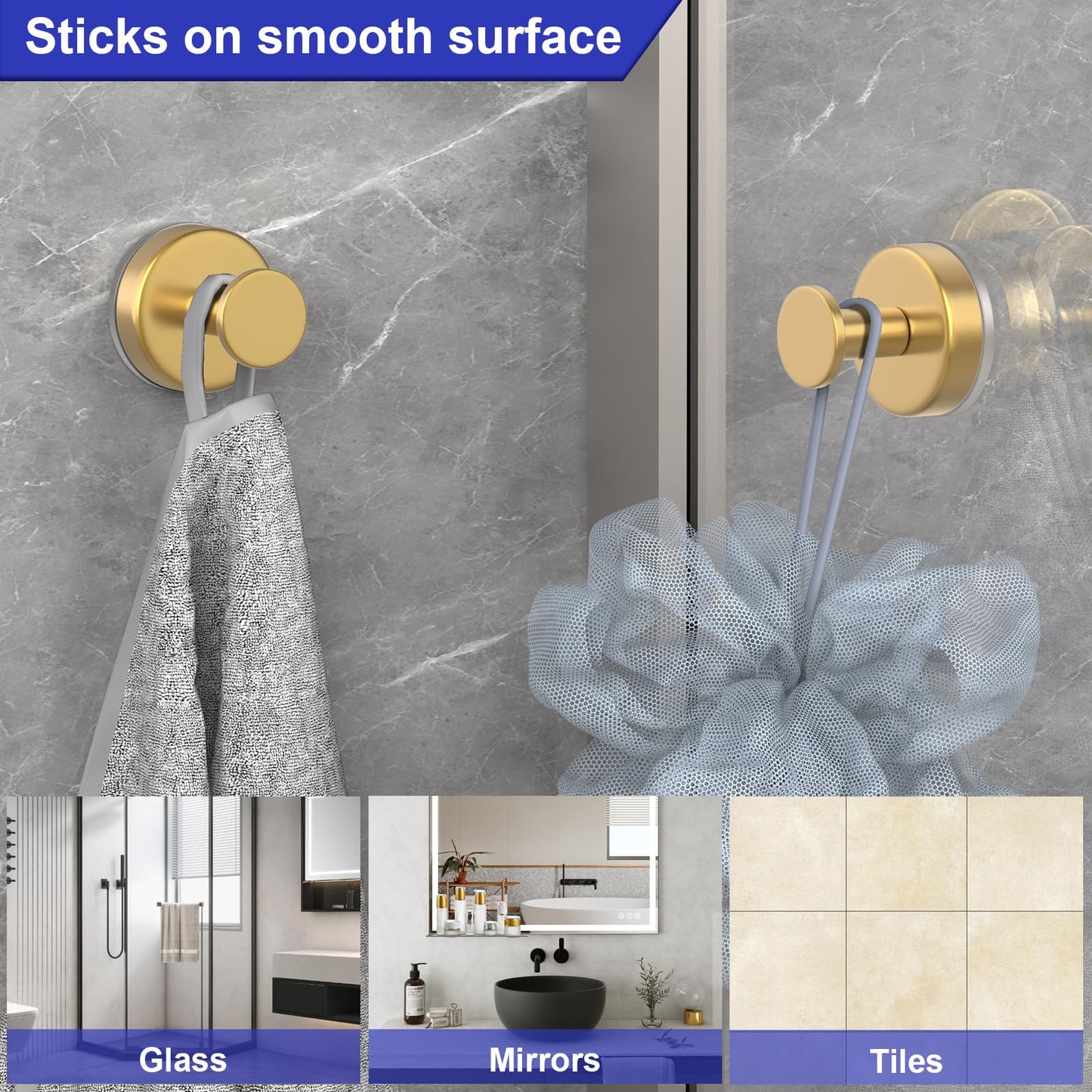 HUFEEOH Suction Cup Hooks for Shower, Suction Hooks Wall Hanger for Hanging, Removable Towel Holder for Bathroom, Kitchen, Glass Door, Mirror, Tile (2 Pack O Shape - Gold)