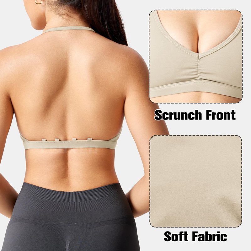 YEOREO Workout Sports Bras for Women Padded Strappy Open Back Gym Bra Light Impact Criss Cross Yoga Crop Top Light Khaki-M