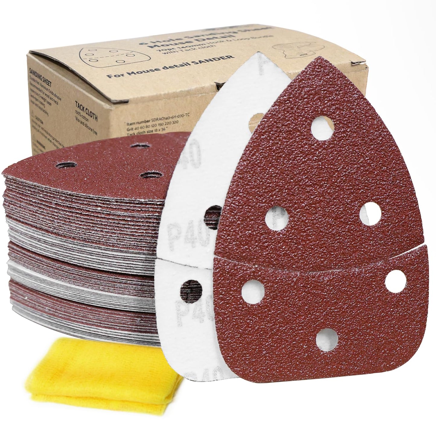 S&F STEAD & FAST Mouse Sander Sandpaper Assortment 70pcs, 6 Holes, Mouse Sanding Pads for Ryobi, 40 60 80 120 150 220 320 Grit Detail Sand Paper, Ryobi Sander Pads with Tack Cloth