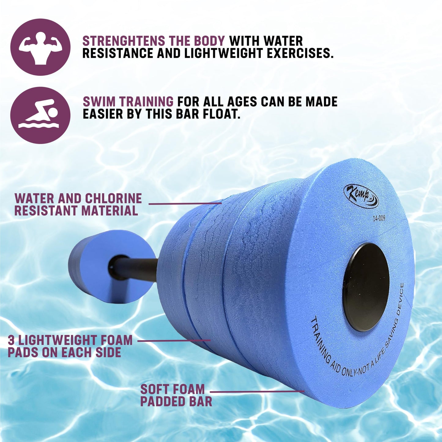 Kemp USA Aquatic Bar Float - 26 Inch Soft Foam Padded Dumbbell Set for Swimming Pool, Water Aerobics & Fitness Exercise - Non-Water Absorbing, Designed for All Ages.