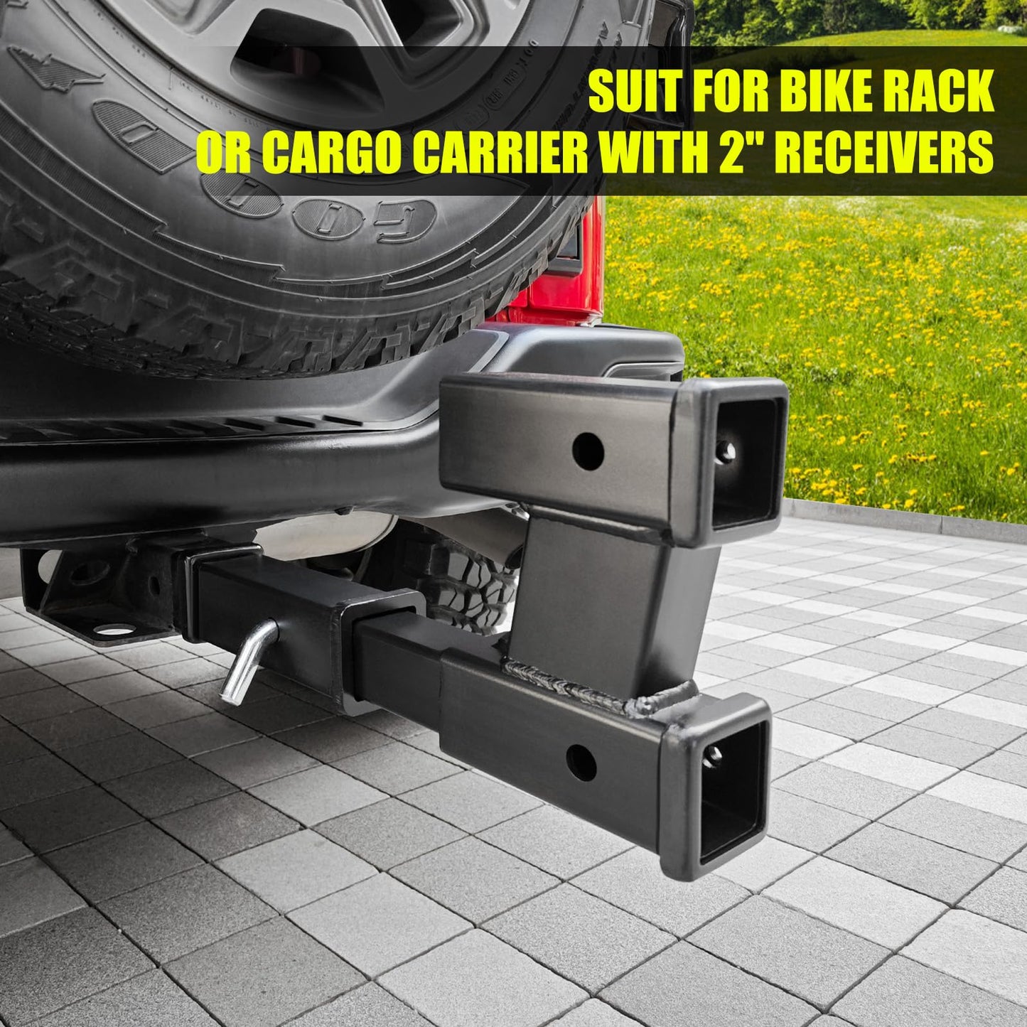 KAIRAY Double Hitch Receiver, 2 inch Trailer Dual Hitch Extension Riser, Hitch Adapter Fits for 2 inch Receiver Extender to 10 inch Max Length, 6 Inch Riser/Drop