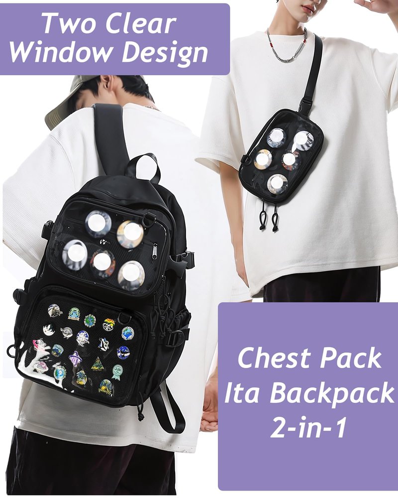 VOUSXLLEZ Ita Bag Backpack Double Window Pins Bag with insert, Backpack for Cosplay and Concert(Pins NOT Included) (Black)