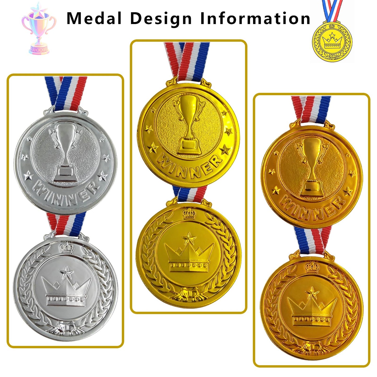 36 Pieces Plastic Gold Silver Bronze Winner Medals for Kids for Award, Olympic Trophy Medals for Kids Games Competitions, Gifts, Sports Party Favors and Decorations