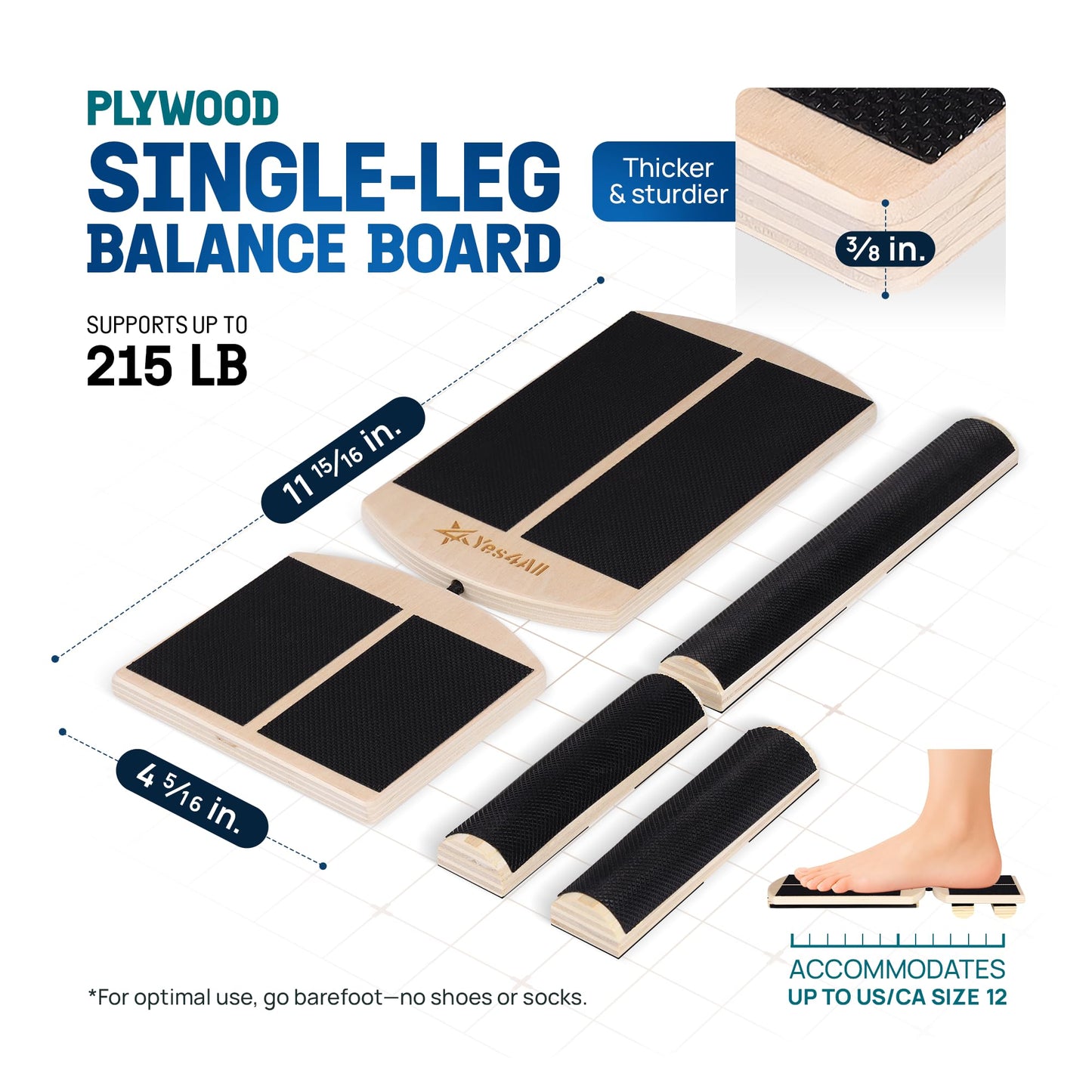 Yes4All Single Leg Balance Board, Anti-Slip Wooden Ankle Strengthener with Half Hook & Loop Foot Bar for Easy Adjustment, 215 LB Capacity Foot Exerciser for Fitness, Ankle Strength, Balance Training