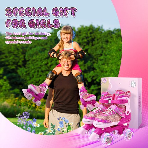 Kids Roller Skates for Girls Boys 4 Size Adjustable Ages 3-5 5-8 6-12 Red Quad Rollerskates with Light Up Wheels for Beginner Children's Birthday Gift patines para niñas Outdoor Sports