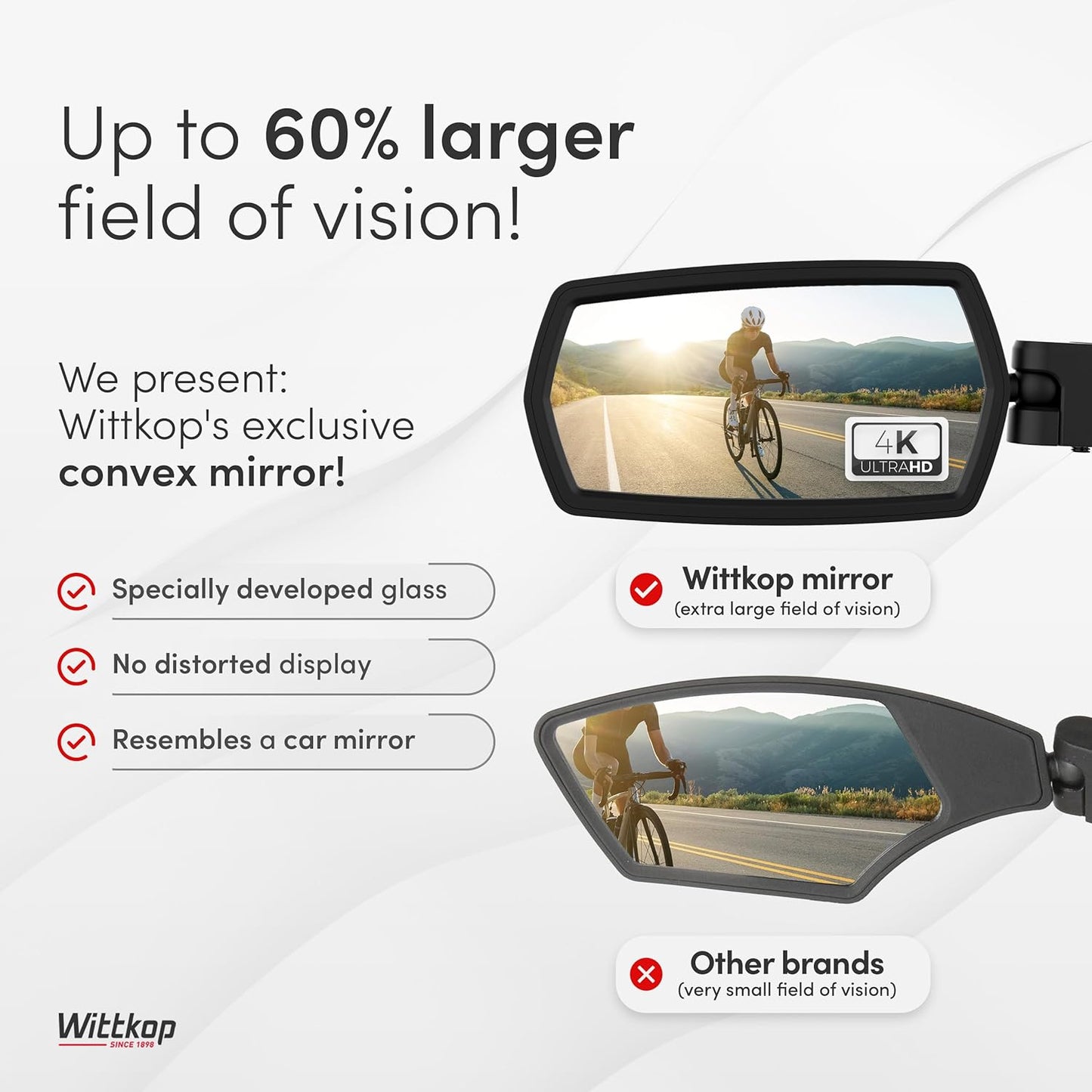 WITTKOP Bike Mirror - Large HD Field of Vision | 360° Rotatable & Foldable | Durable eBike Accessory