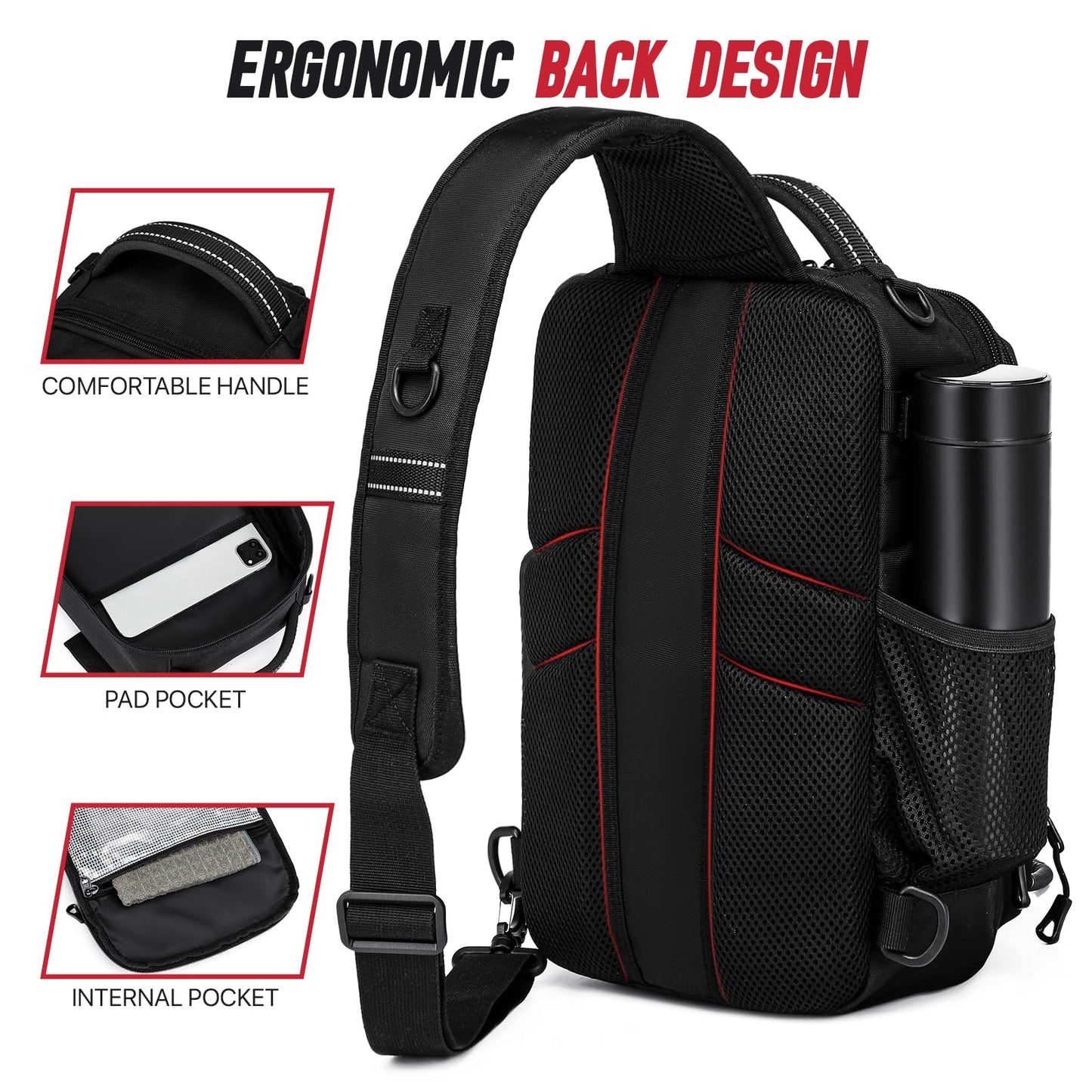 oinitiry Fishing Sling Bag, Fishing Bag With Rod Holder Fixed Stickers, MOLLE System, Soft Bait & Gear Storage, Gift for Men Black