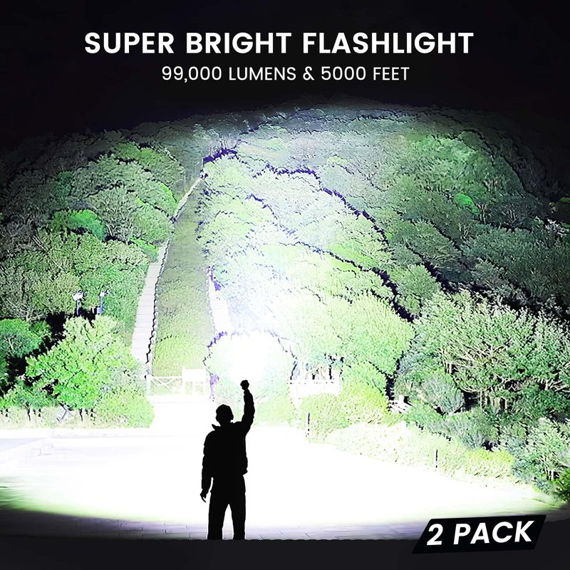 Rechargeable Flashlights High Lumens, 99,000 Lumens Super Bright Led Flashlights with 5 Modes & Waterproof, Powerful Handheld Flashlight for Camping Home (2 Pack)