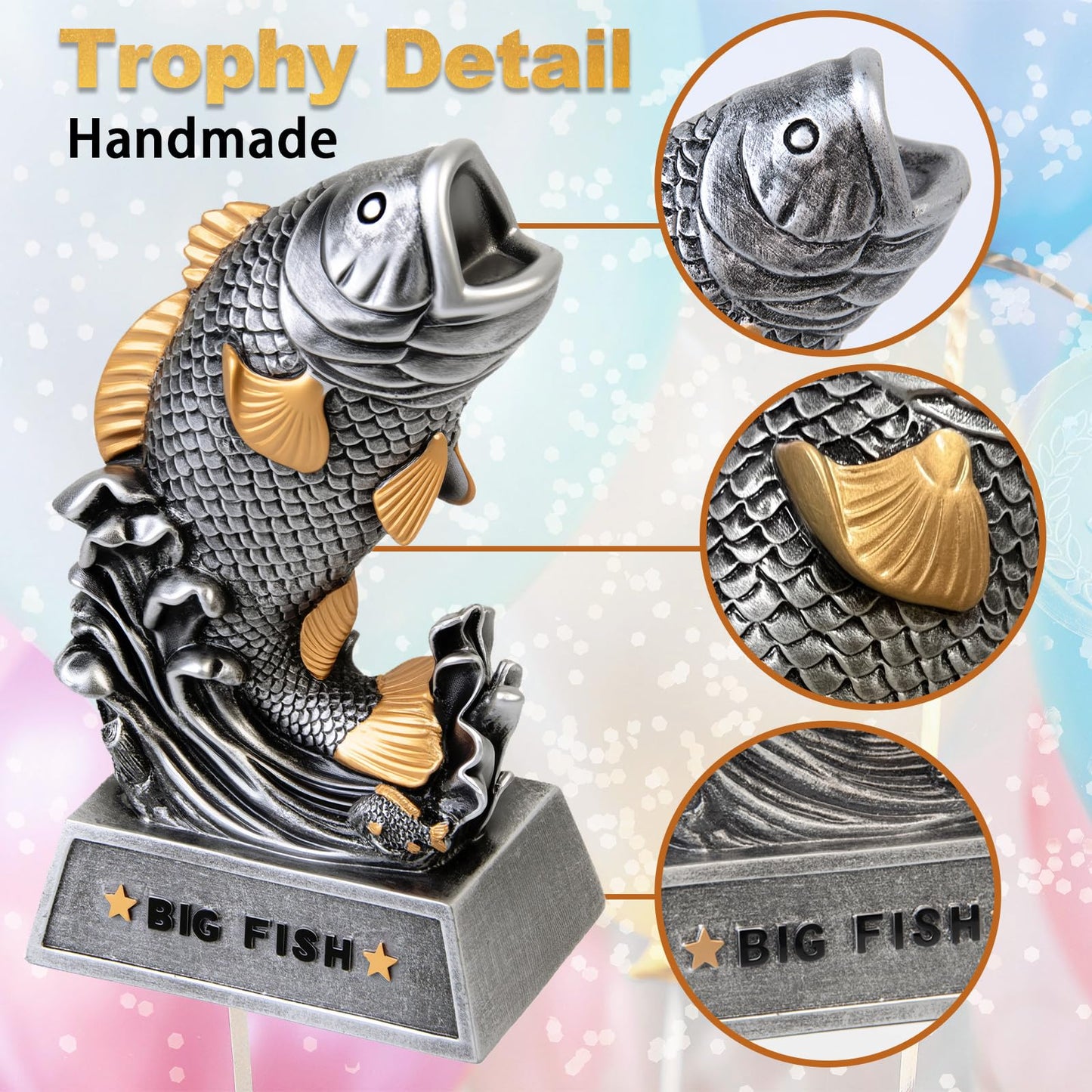 Funny Big Fish Trophy Award - 6" Handmade Statue for Best Catch - Unique Fishing Gift for Dad, Husband, Grandpa & Anglers - Tournament Prize, Father's Day & Birthday Gag Gifts, Man Cave Decor