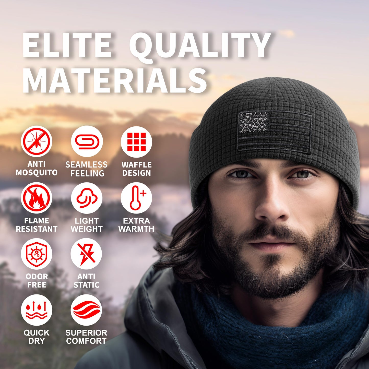 OUTDOOR SHAPING Grid Fleece Cuffed Beanie with American Flag Embroidery, Waffle Tactical Army Military Police Skull Cap Black