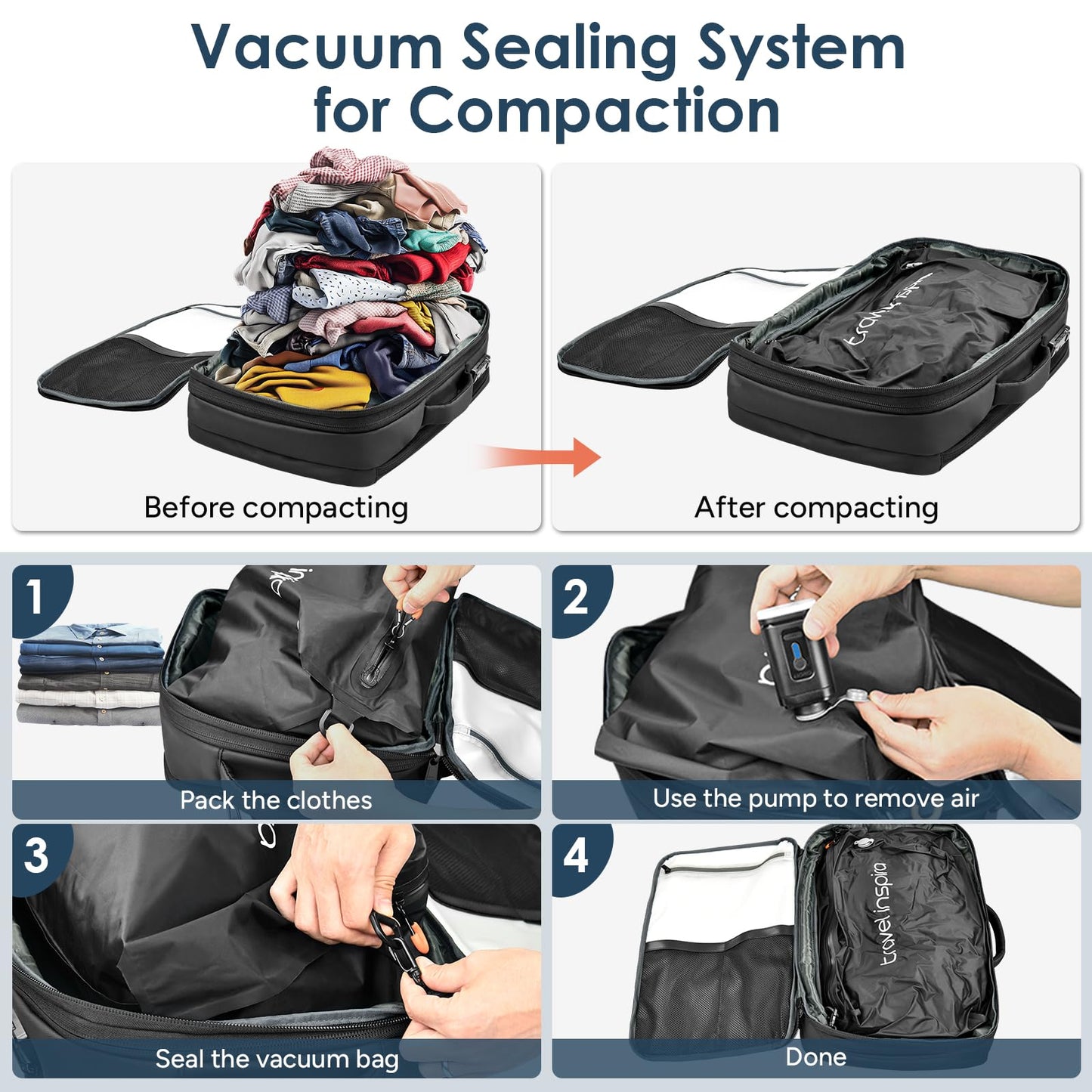 travel inspira Vacuum Compression Backpack 65L, Carry On Backpack with Electric Pump, TSA Lock, Water Resistant, Laptop Compartment for Travel, Camping, Business, Weekend Trips