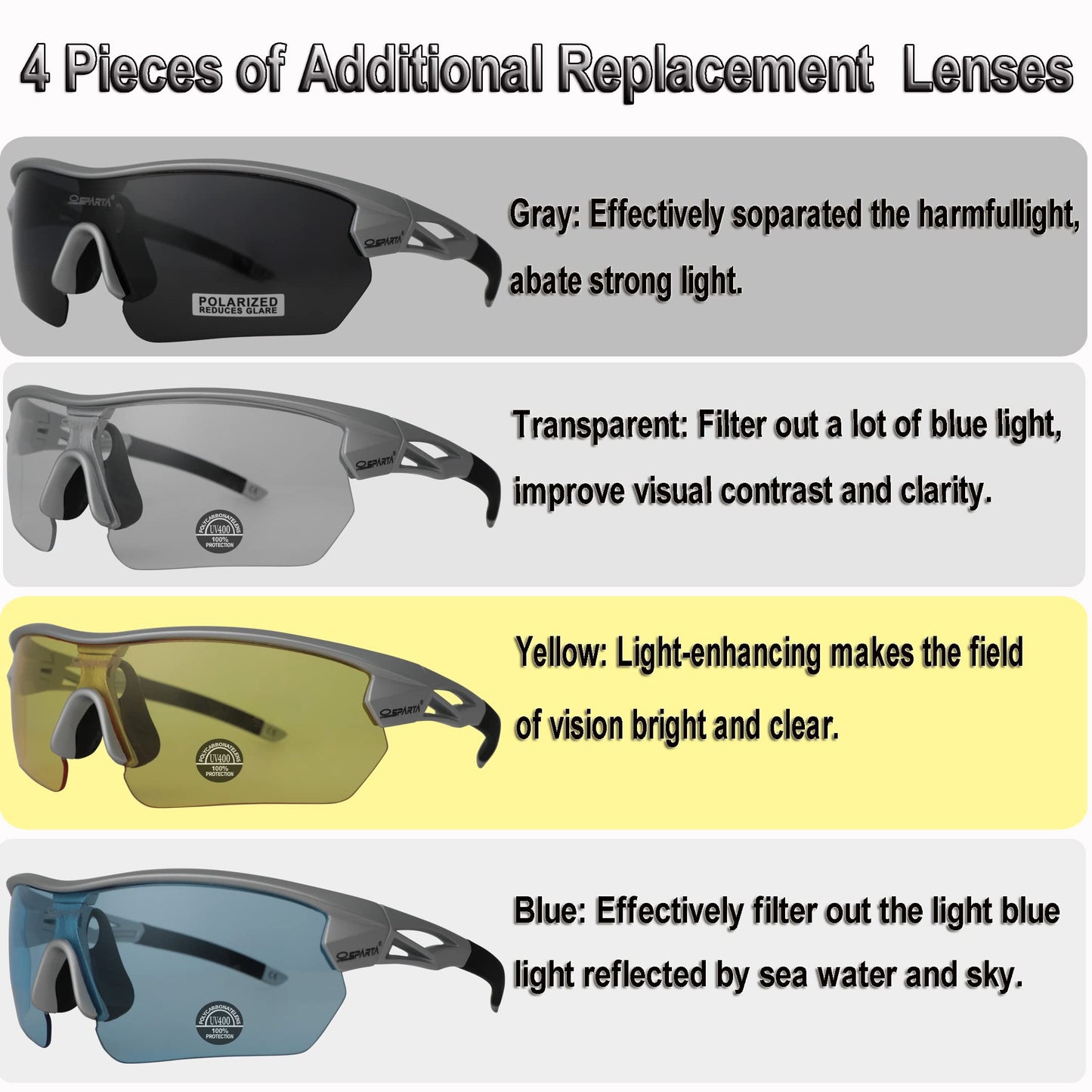 OUTDOORSPARTA Polarized Sports Sunglasses Cycling Glasses With 5 Interchangeable Lenses Driving Shades For Men & Women (6. Silver Black Frame, Full Lens Mirorred Green)