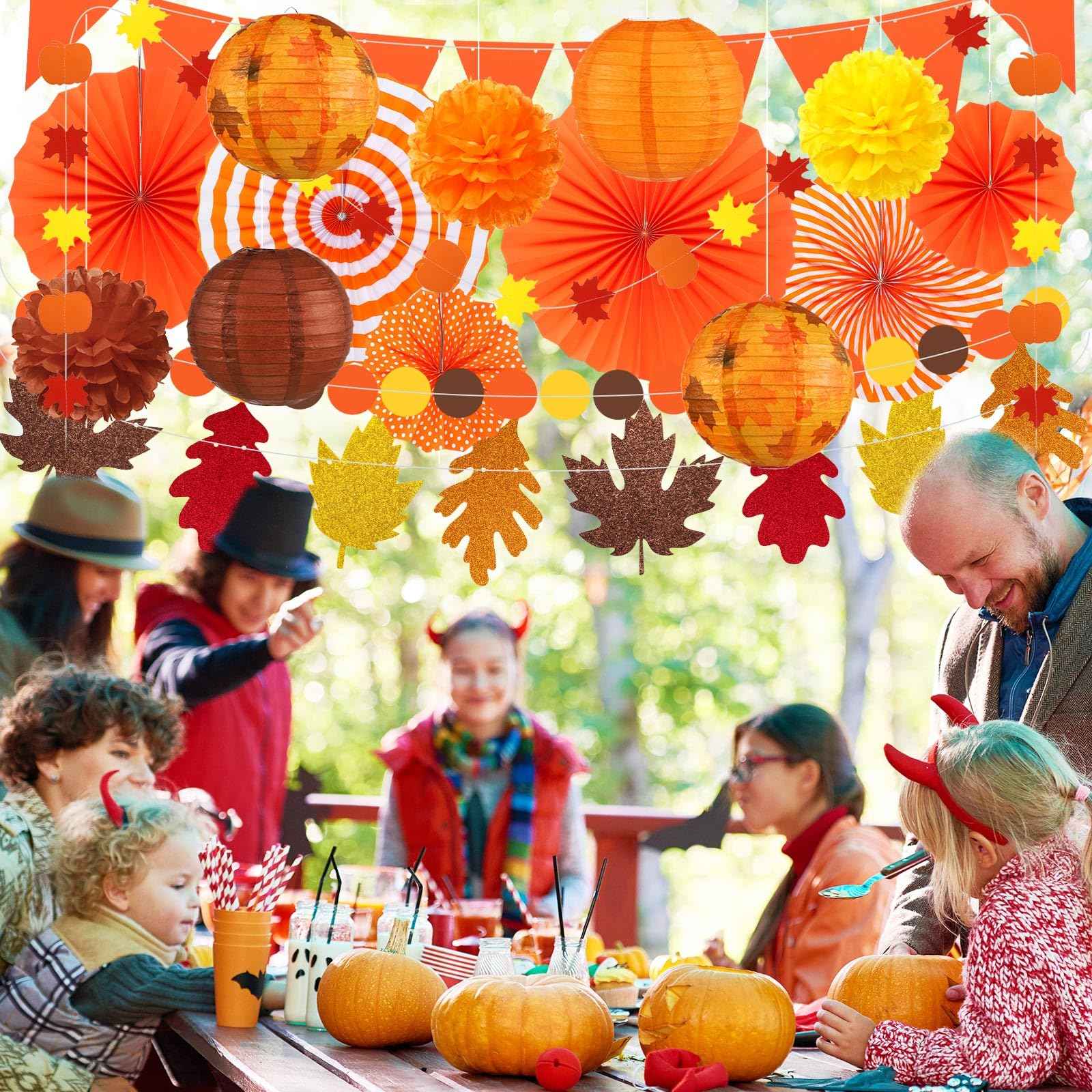 Yexiya 18 Pcs Fall Party Decoration Includes Fall Paper Lanterns Autumn Paper Fans Pompoms Maple Leaf Garlands Flower Balls Hanging Ceiling Decorations for Thanksgiving Harvest Wedding