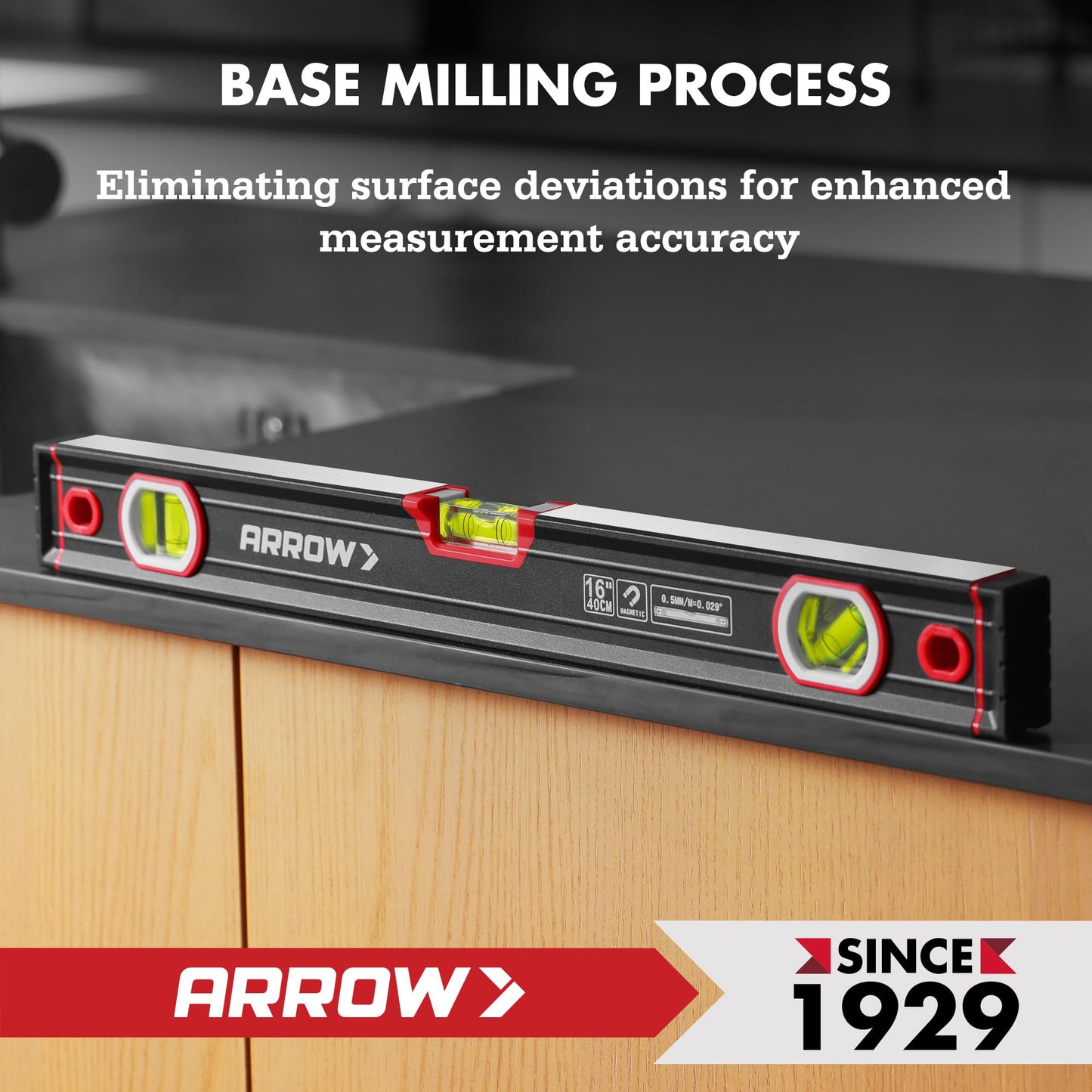 ARROW 16-Inch Level, Magnetic Torpedo Level with 45°/90°/180° Bubbles, Aluminum Alloy Body, Precision-Machined Base, Shockproof Rubber End Caps, V-Groove & Hanging Hole for Construction, Carpentry