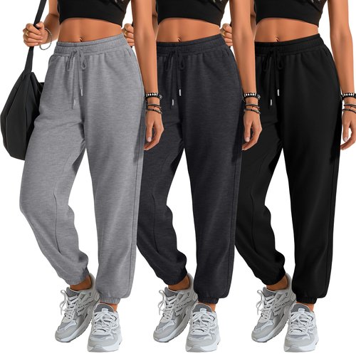 Velvelhall 3 Pack Women's Sweatpants with Pockets, Drawstring Lounge Athletic Joggers Casual Yoga Workout Sweat Pants(Light Heather Gray, Dark Heather Gray, Black,Large)