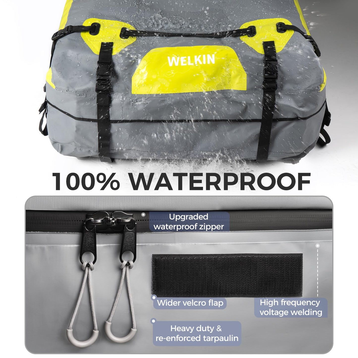 WELKIN Heavy Duty Rooftop Cargo Carrier Bag - 15 Cubic Waterproof Car Roof Bag for All Vehicles with/Without Rack - Includes Anti-Slip Mat, 6 Door Hooks, TSA Lock & Storage Bag - Reinforced Straps