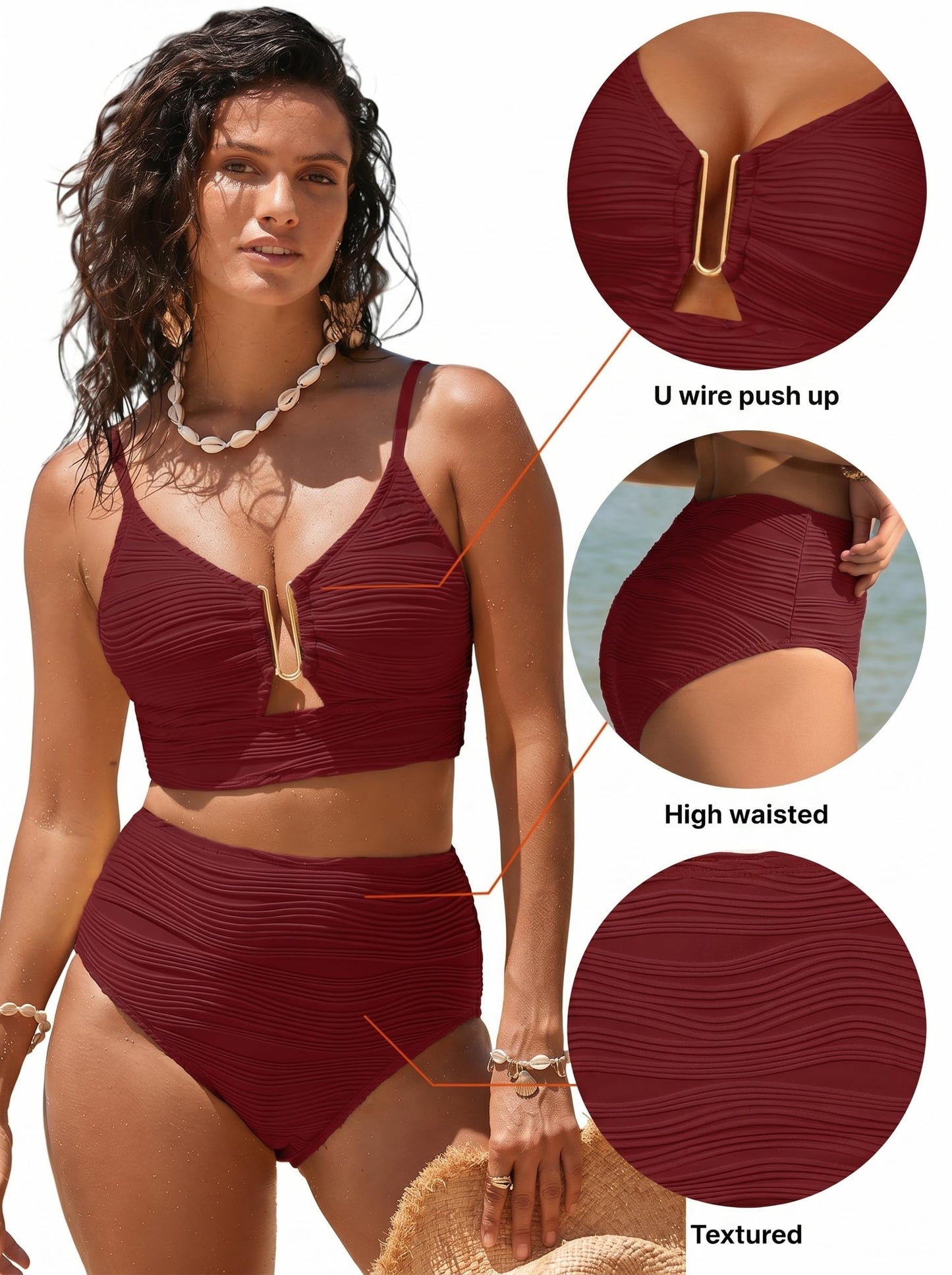 Herseas Summer Beach High Waisted Bikini Sets V Neck Spaghetti Straps Push Up Swimsuit Full Coverage Swimwear Bathing Suit Flattering Beach Vacation Clothes Burgundy X-Small