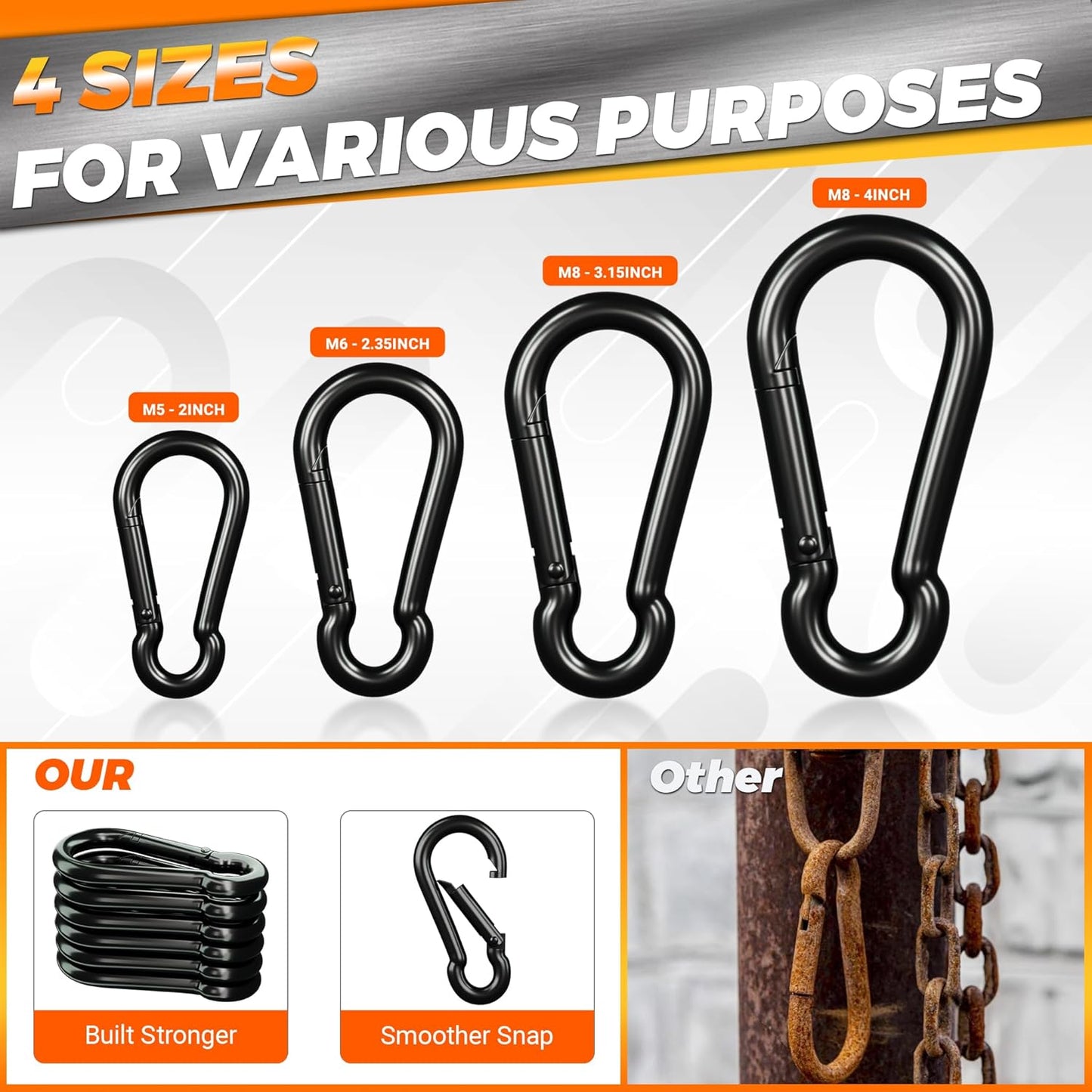 Sprookber Heavy-Duty Carabiner Clips - Iron Spring Snap Hooks for Keys & Outdoor Gear | Set of 6 (Black)