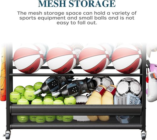 Homeiju Sports Equipment Organizer - Ball Storage Rack with Wheels & Hooks | Indoor/Outdoor Black Gear Shelf