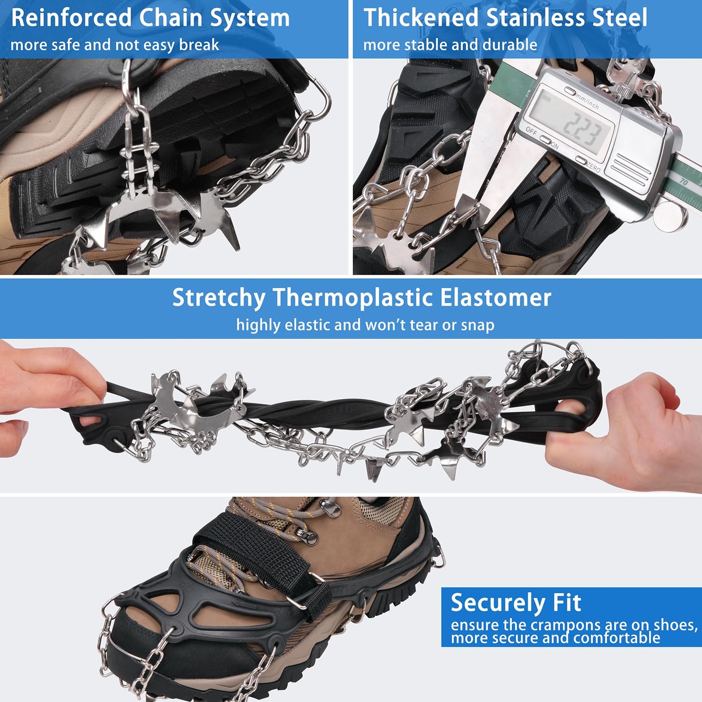 Crampons 19 Spikes Shoes Anti Slip Ice Cleats for Shoes and Boots, Traction Snow Cleats Crampons for Hiking Boots Women Men Safe Protect for Winter Walking Hiking Ice Fishing, Size XL