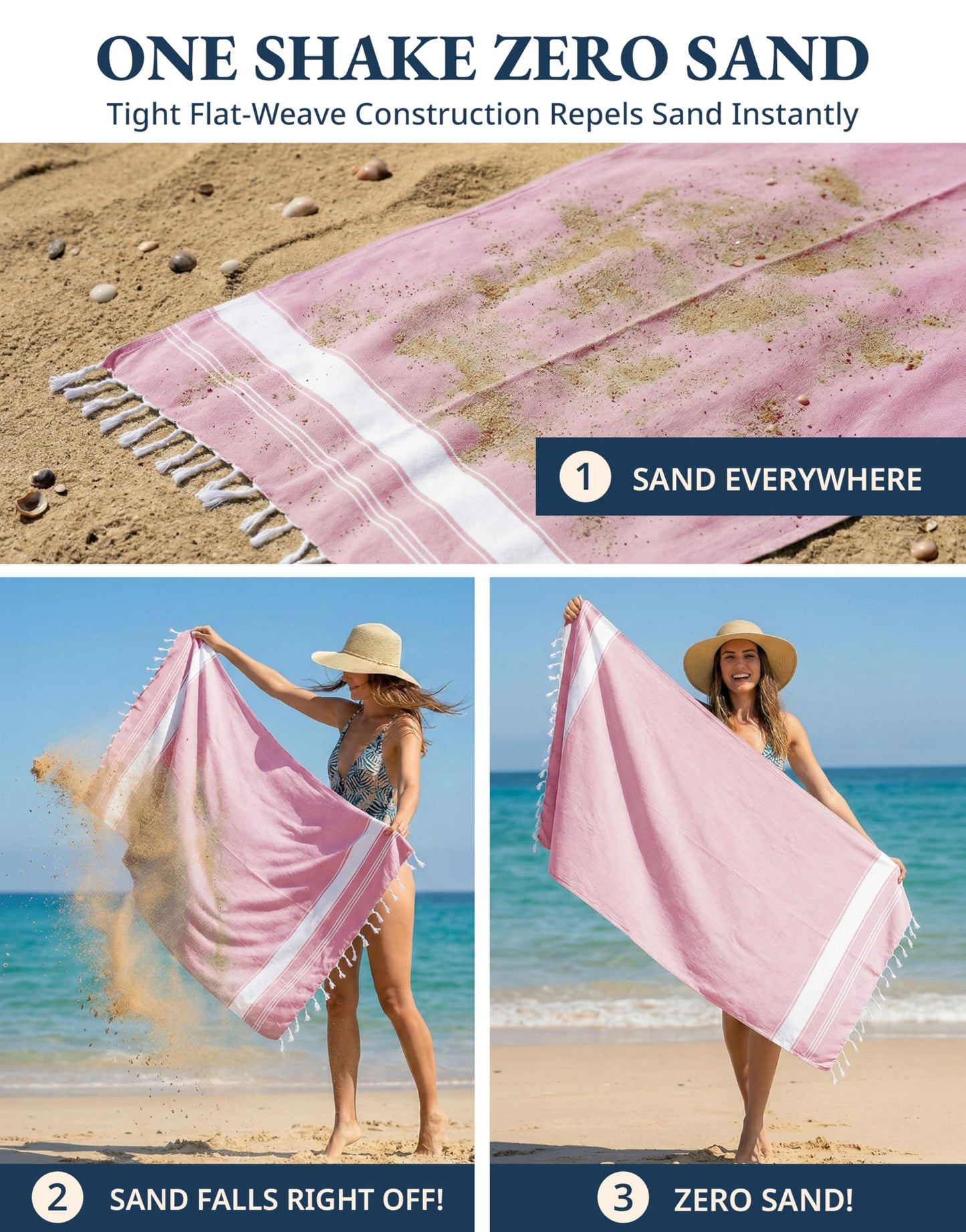 LANE LINEN Turkish Beach Towel, Oversized, 39"x71", Quick Dry - Candy Pink