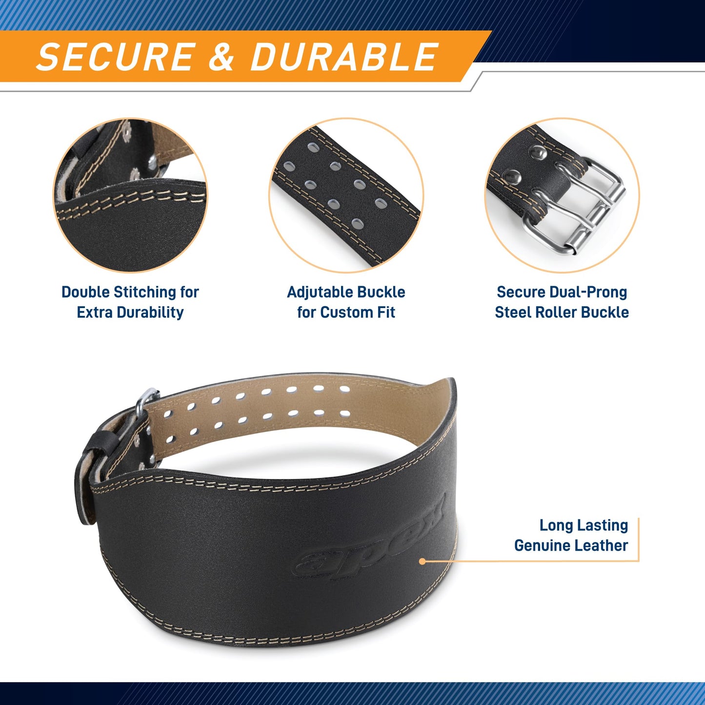Apex by Marcy 6-Inch Wide Padded Genuine Leather Weightlifting Belt, Large