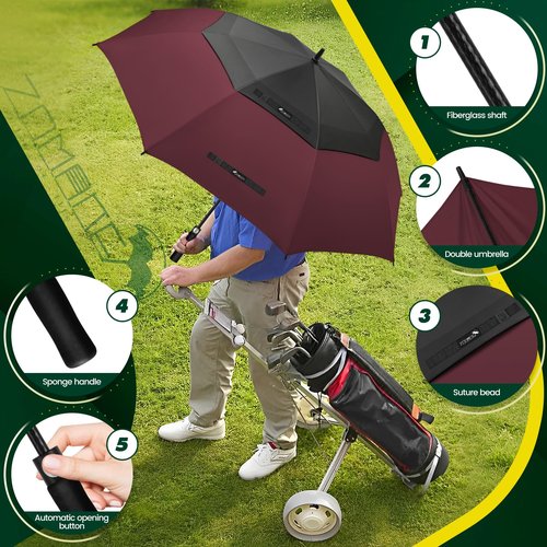 ZOMAKE 68 Inch Large Golf Umbrella Windproof Heavy Stick Umbrella for Automatic Open Extra Large with Double Canopy Vented Waterproof for Men(Black&Wine Red)