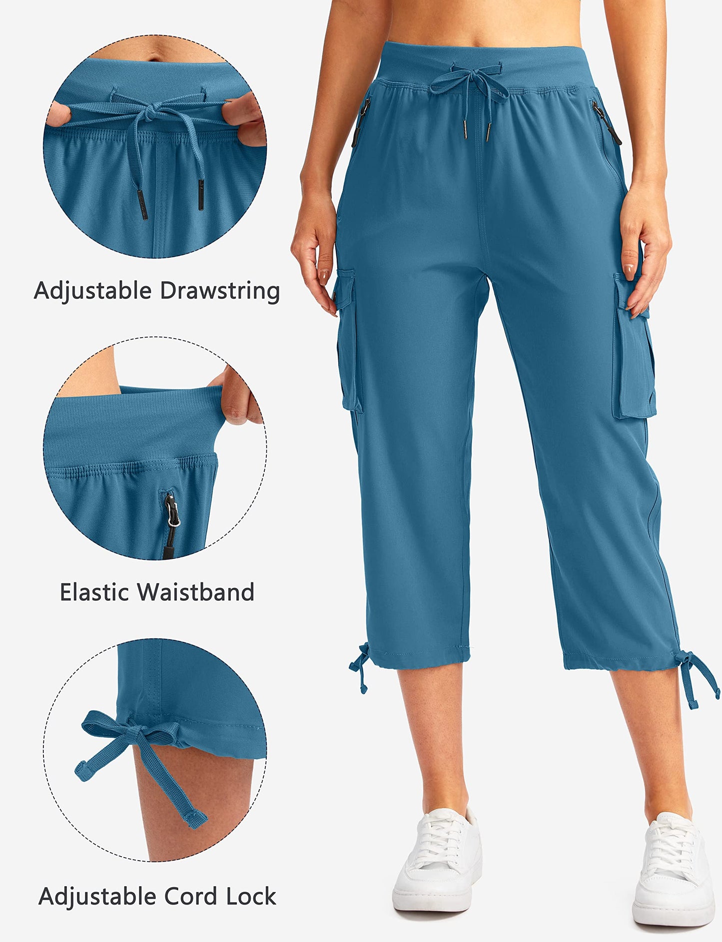Soothfeel Women's Cargo Capris Pants with 6 Pockets Lightweight Quick Dry Travel Hiking Summer Pants for Women Casual (Blue, L)