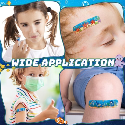 200 Pcs Kid Bandages Bulk Cute Cartoon Bandage Children's Adhesive Flexible Colorful Strip Waterproof Breathable PE Stickers Protection Care Cuts for Ocean Under Sea Party Girl Boy