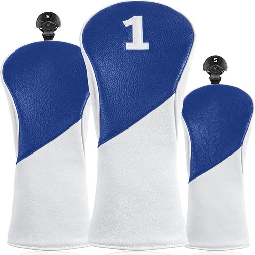 FINGER TEN Golf Club Head Covers for Woods Driver Fairway Hybrid with Interchangeable Number Tag 1 3 5 Premium Leather Headcovers for Women Men (Blue&White, D+F+H)