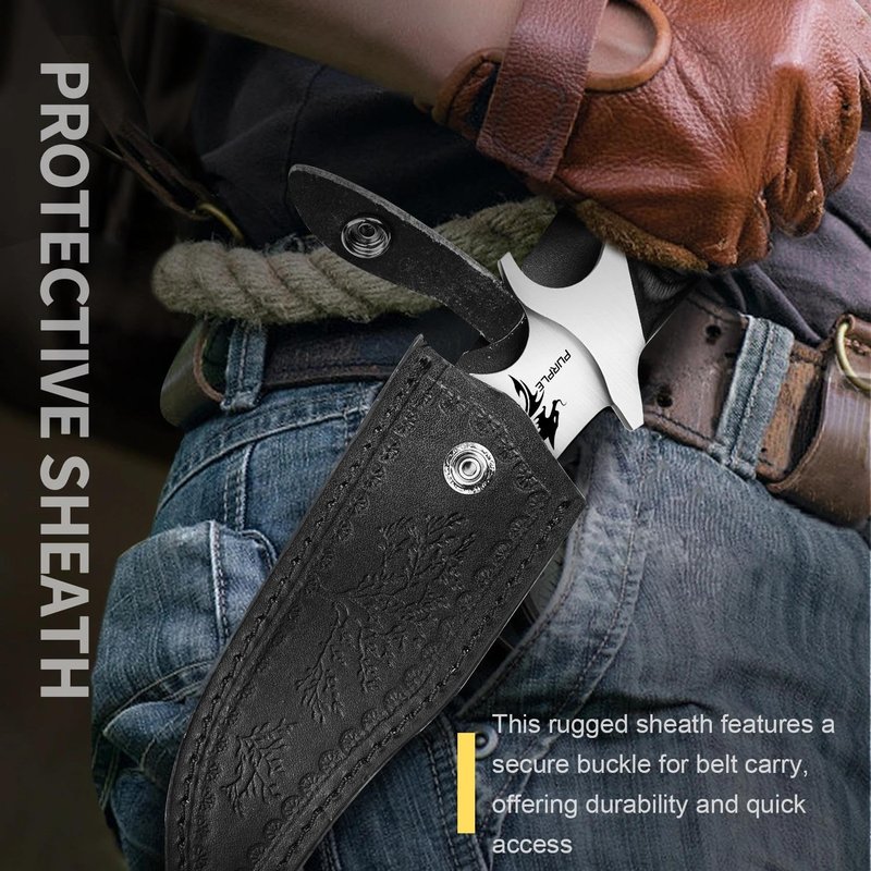 Purple Dragon Camping Fixed Blade Knife with Sheath,6 Inch Outdoor Knife Full Tang 440C Steel Bushcraft Knives with Redwood Handle-Outdoor Gear Christmas Gift for Men and Women Black