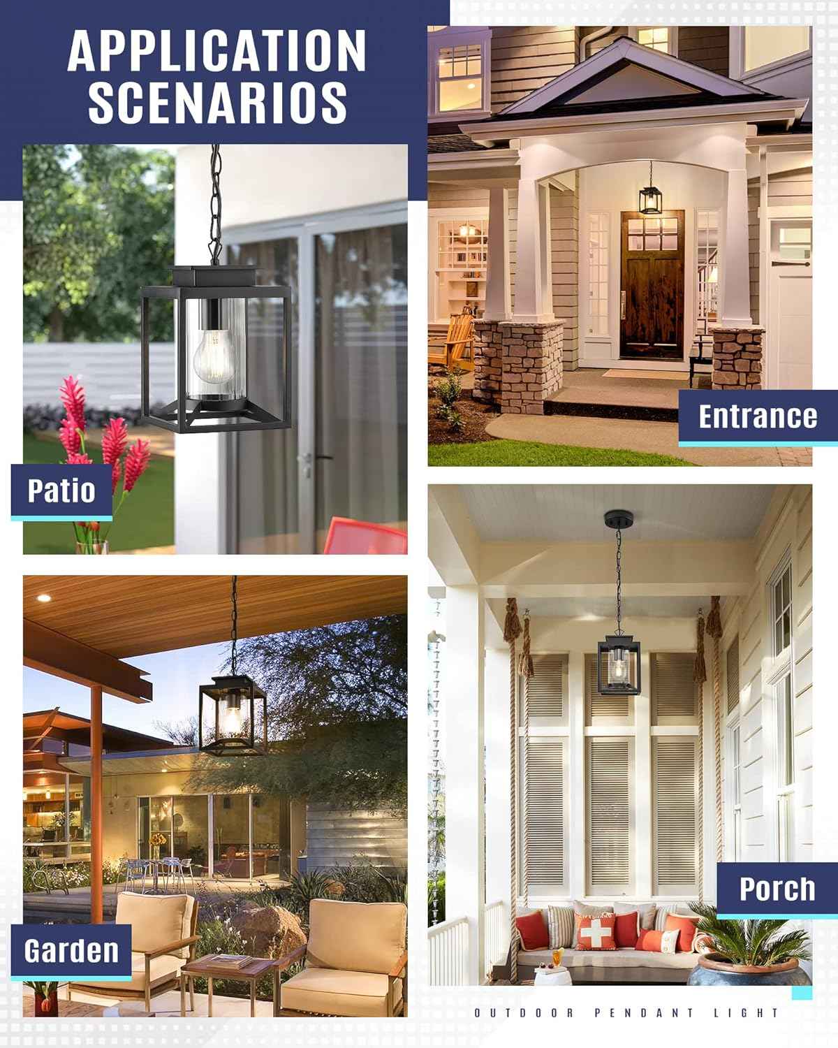 Modern Black Outdoor Pendant Light - 1-Light Hanging Lantern for Porch & Gazebo