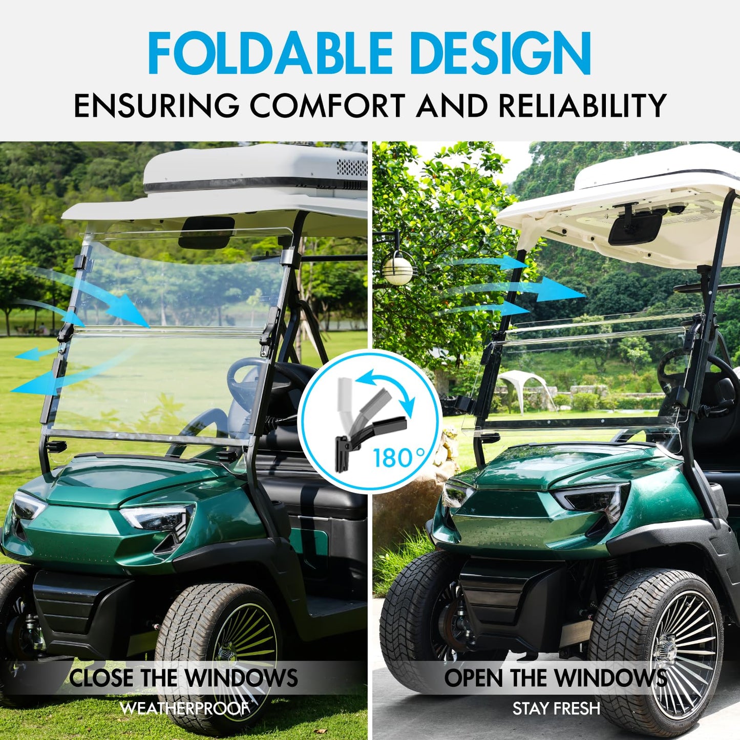 ENEKERP Front Golf Cart Windshield for 1994–2013 EZGO TXT, Fits 3/4" Roof Struts Only, Foldable 5MM PC Windshield with Heavy-Duty Hinges, Anti-UV (Clear)