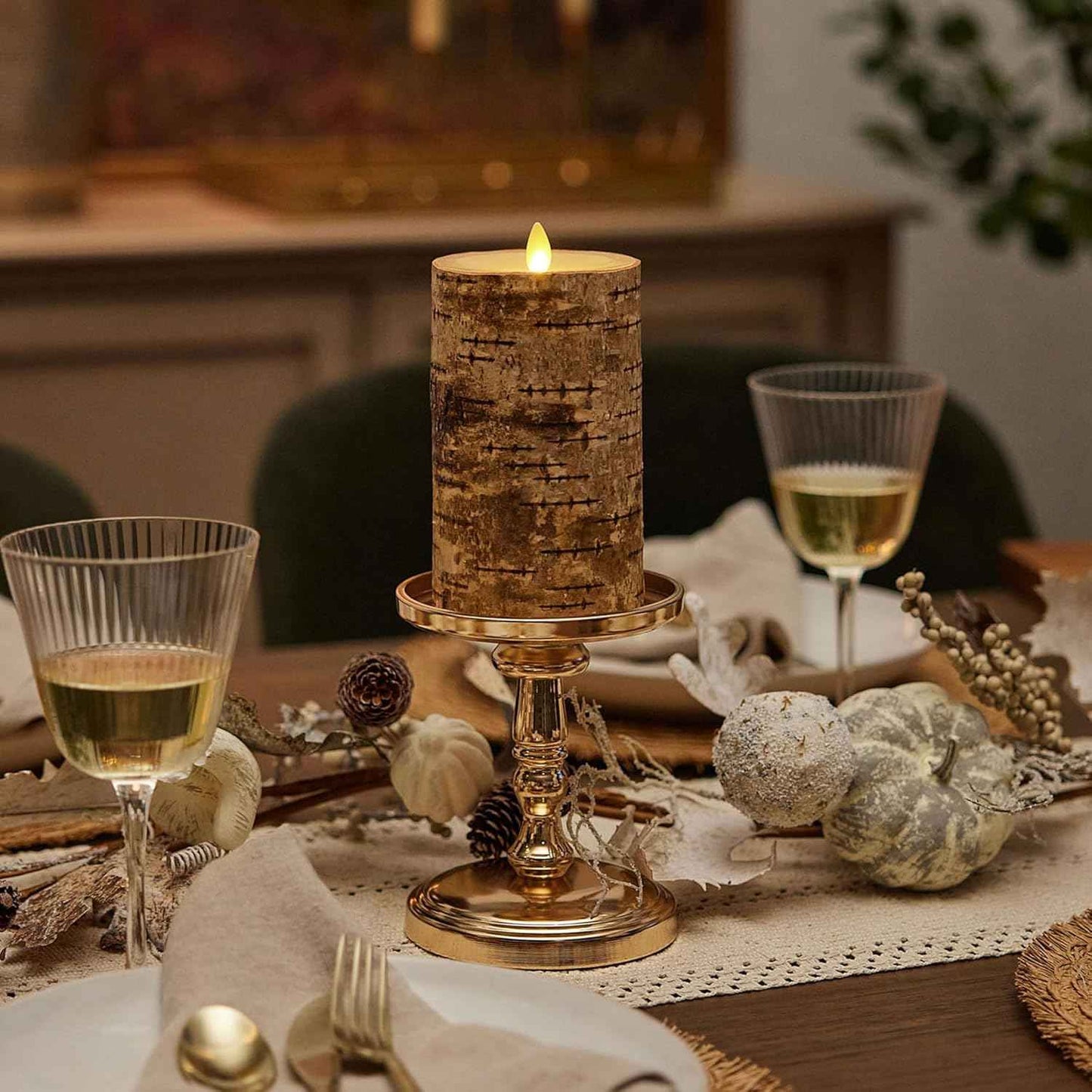 Realistic Moving Flame LED Pillar Candle with Birch Bark - Battery Operated, Remote Ready, 4x7