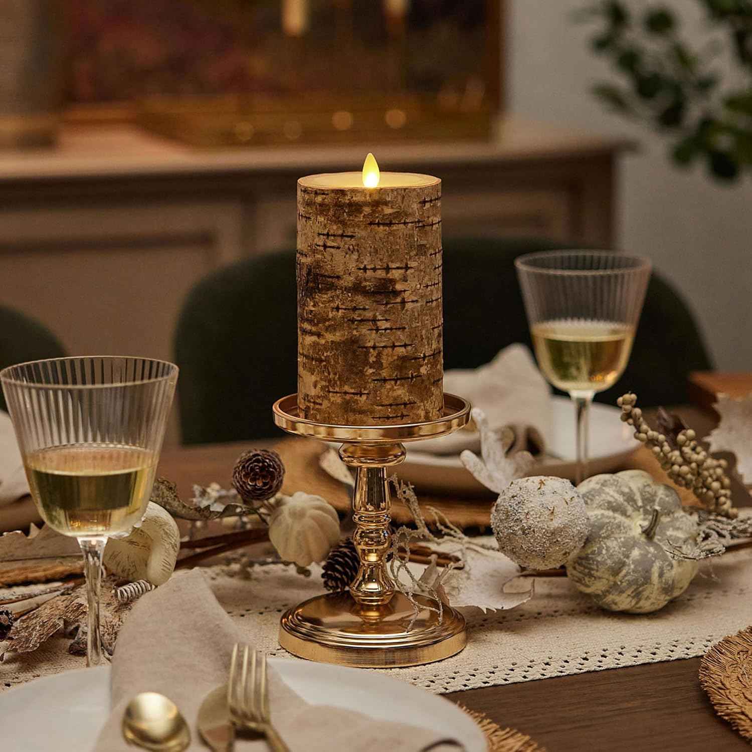 Realistic Moving Flame LED Pillar Candle with Birch Bark - Battery Operated, Remote Ready, 4x7