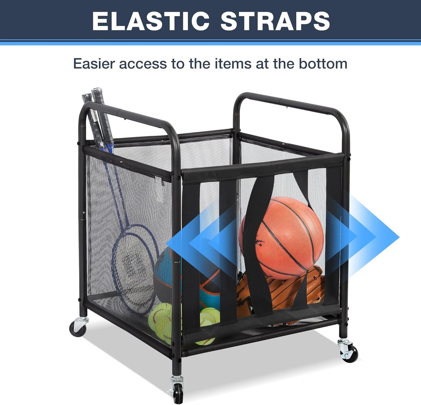 STO STO Rolling Sports Ball Storage Cart - Lockable Basketball Cage with Elastic Straps | Black Steel Organizer for Indoor & Outdoor Use