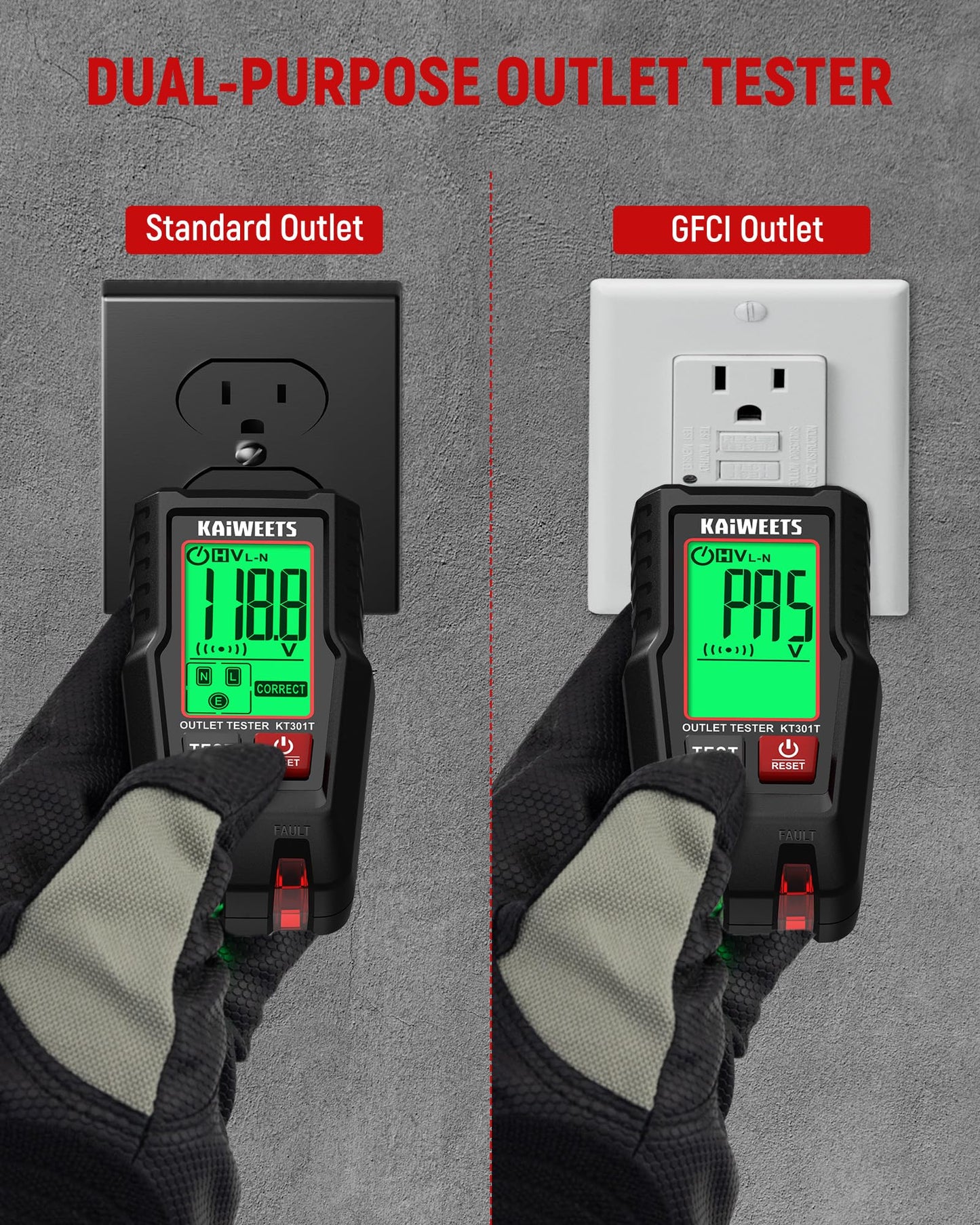 KAIWEETS GFCI Outlet Tester with LCD Display, 3-Prong Receptacle Wiring Detector, Voltage Socket Checker, Auto Hold, Electrical Diagnostic Tool for 120V AC Home Outlets