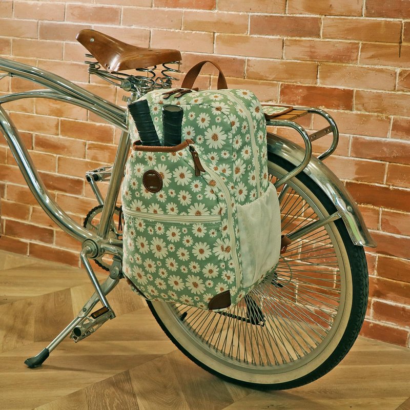 TOURBON Pickleball Bag for Men Women, Pickleball Paddle Backpack with Multiple Compartments, Clip-on Bike Pannier Rear Rack Saddle Bag for Bicycle (Green with Flower)