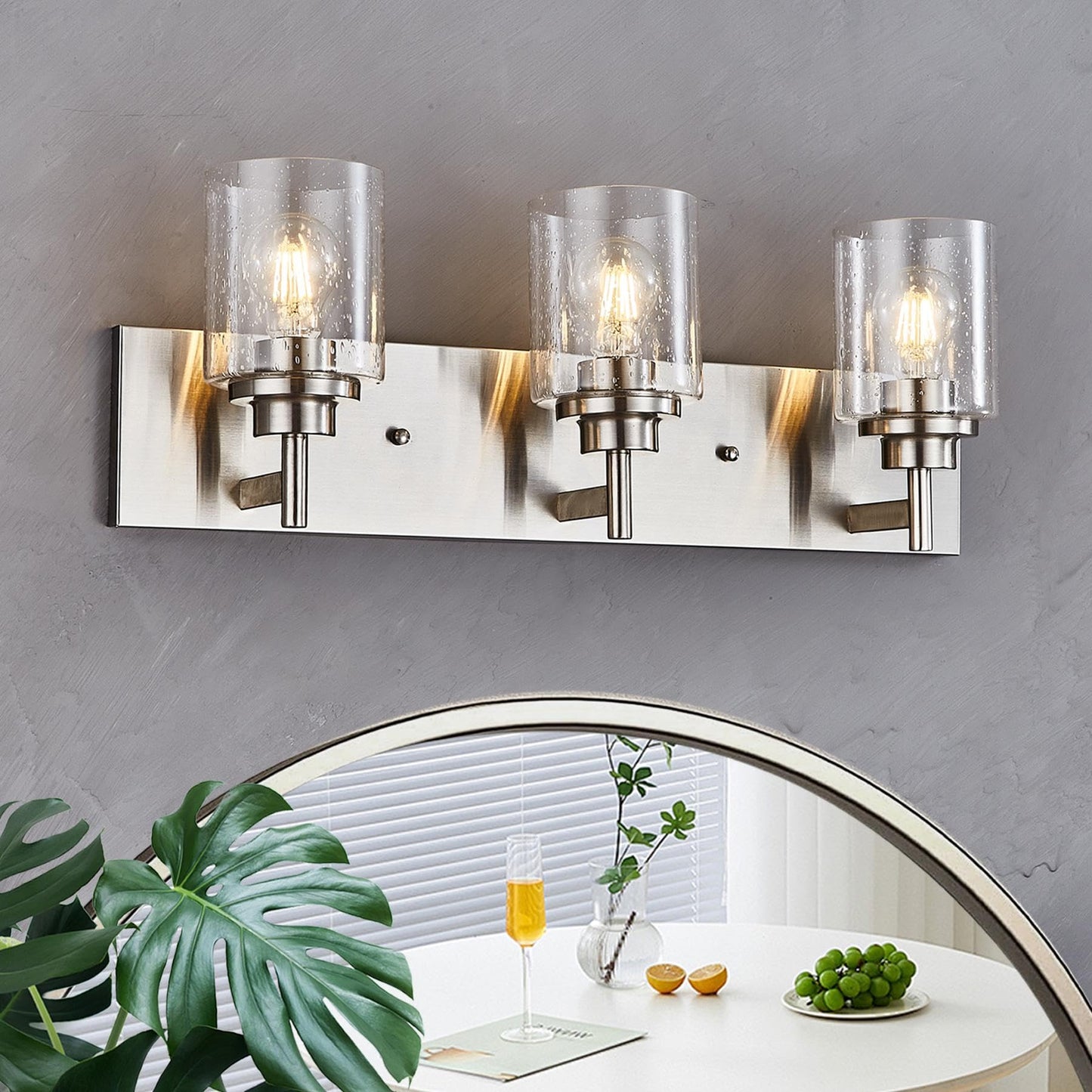 landskylite Bathroom Vanity Light Fixture, Brushed Nickel，24" 3-Light，Offset Mount, Modern Wall Sconce，Seeded Glass & Large Backplate - Farmhouse Lighting for Bathroom, Living Room, Hallway
