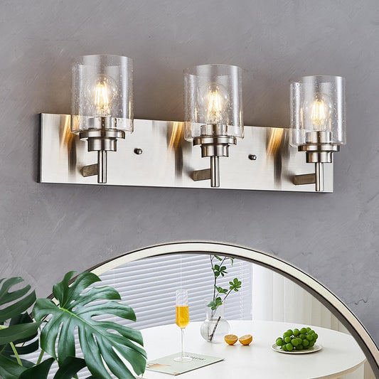 landskylite Bathroom Vanity Light Fixture, Brushed Nickel，24" 3-Light，Offset Mount, Modern Wall Sconce，Seeded Glass & Large Backplate - Farmhouse Lighting for Bathroom, Living Room, Hallway