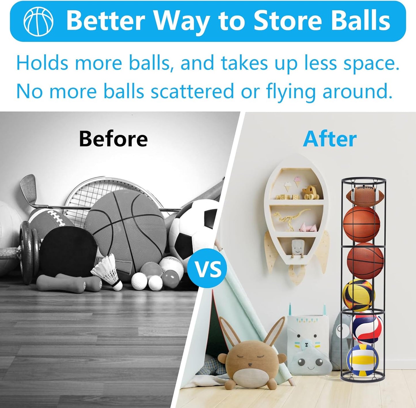 Skiennix 3-Layer Garage Ball Storage Rack - Wall-Mounted Vertical Organizer for Soccer, Volleyball, Football | Space-Saving Design