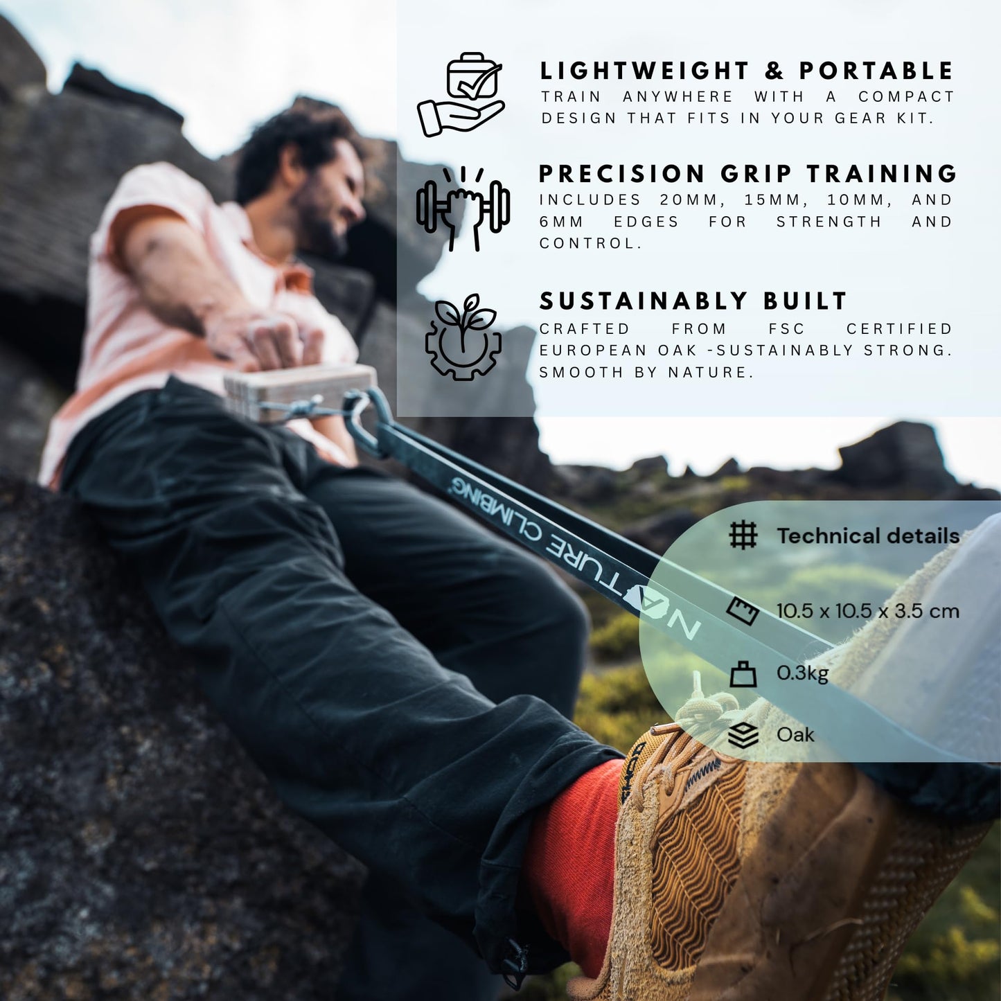 Nature Climbing Portable Hangboard | Rock Climbing Hangboard | Hang Board for Climbing | Fingerboard | Strengthen Your Fingers | Bouldering Gifts | Raw Hanger