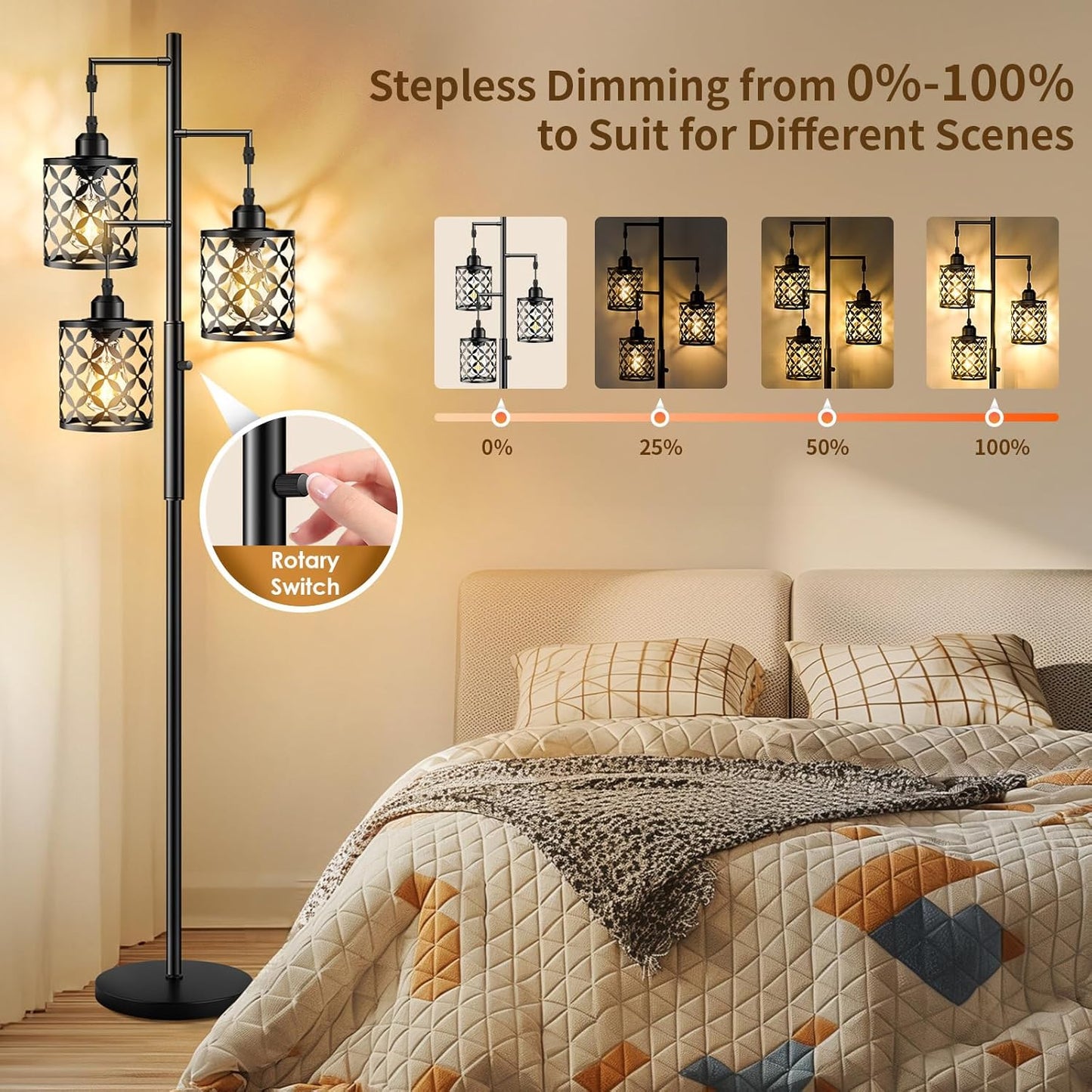 Industrial Farmhouse Dimmable Floor Lamp - 68” Tall Standing Light with Metal Cage for Living Room, Bedroom, Office - 2000LM LED Bulbs Included
