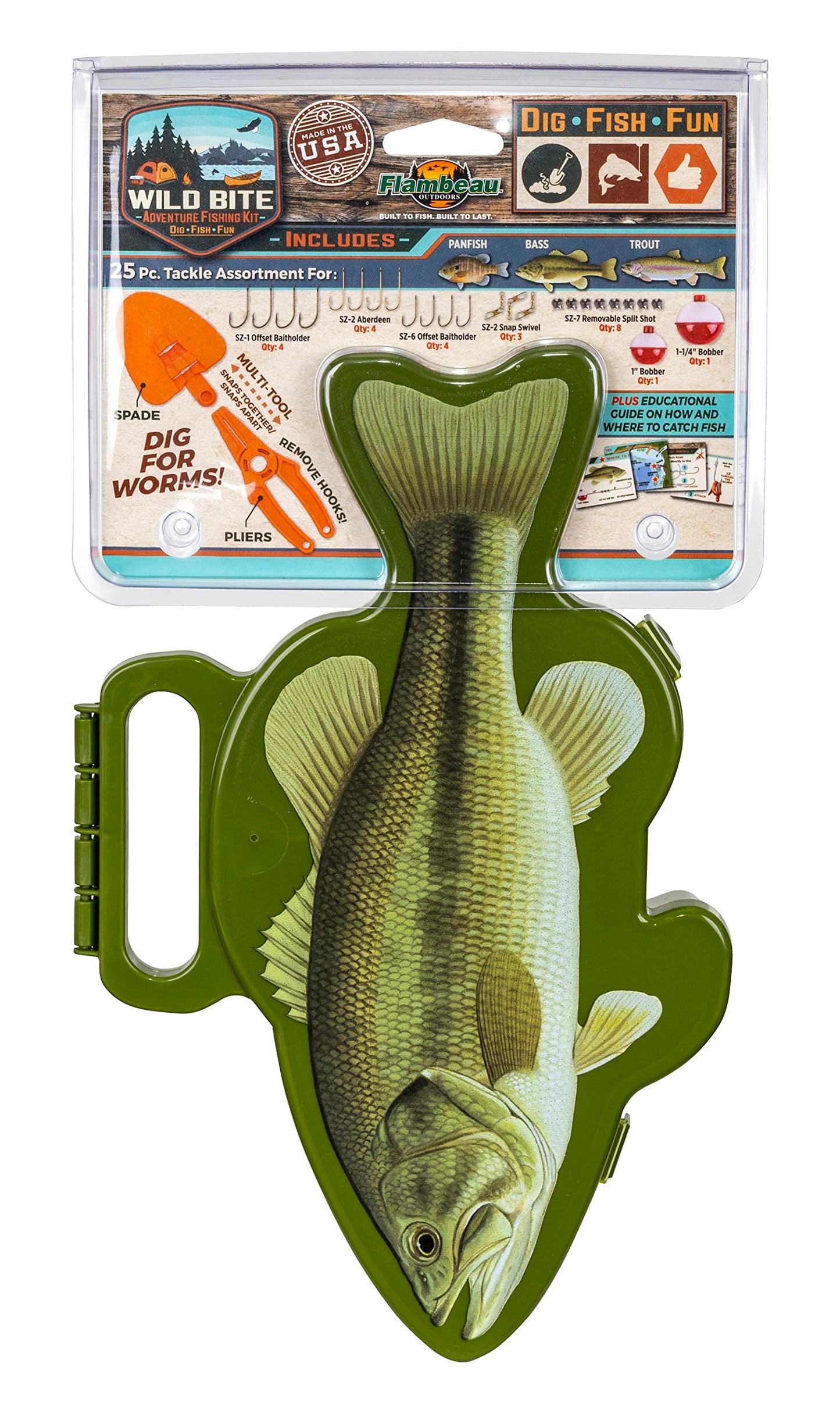 Flambeau Outdoors Wild Bite Fishing Tackle Box Kit Green/BASS - Tackle Box for Beginners, 25-Piece Multi-Species Tackle Assortment for Catching Bass/Panfish/Trout, Spade and Plier Multi-Tool