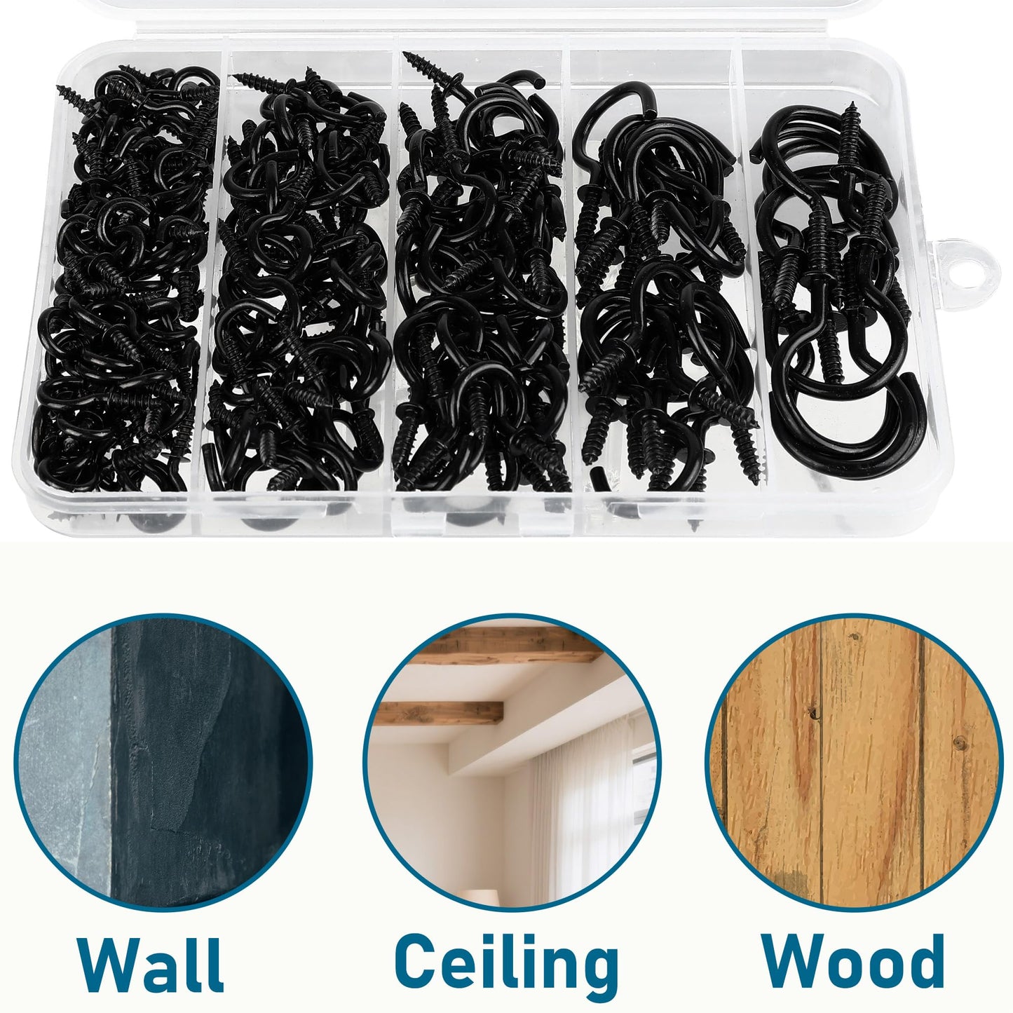 LayHyand 200 Pcs Screw Hooks kit,6 Sizes Vinyl Coated Ceilling Wall Cup Hook for Hanging Plant, Mug, Coffee Cups, String Light Decors, Indoor & Outdoor, Black (1/2in, 5/8in,3/4in,7/8in,1in,1-1/4in)