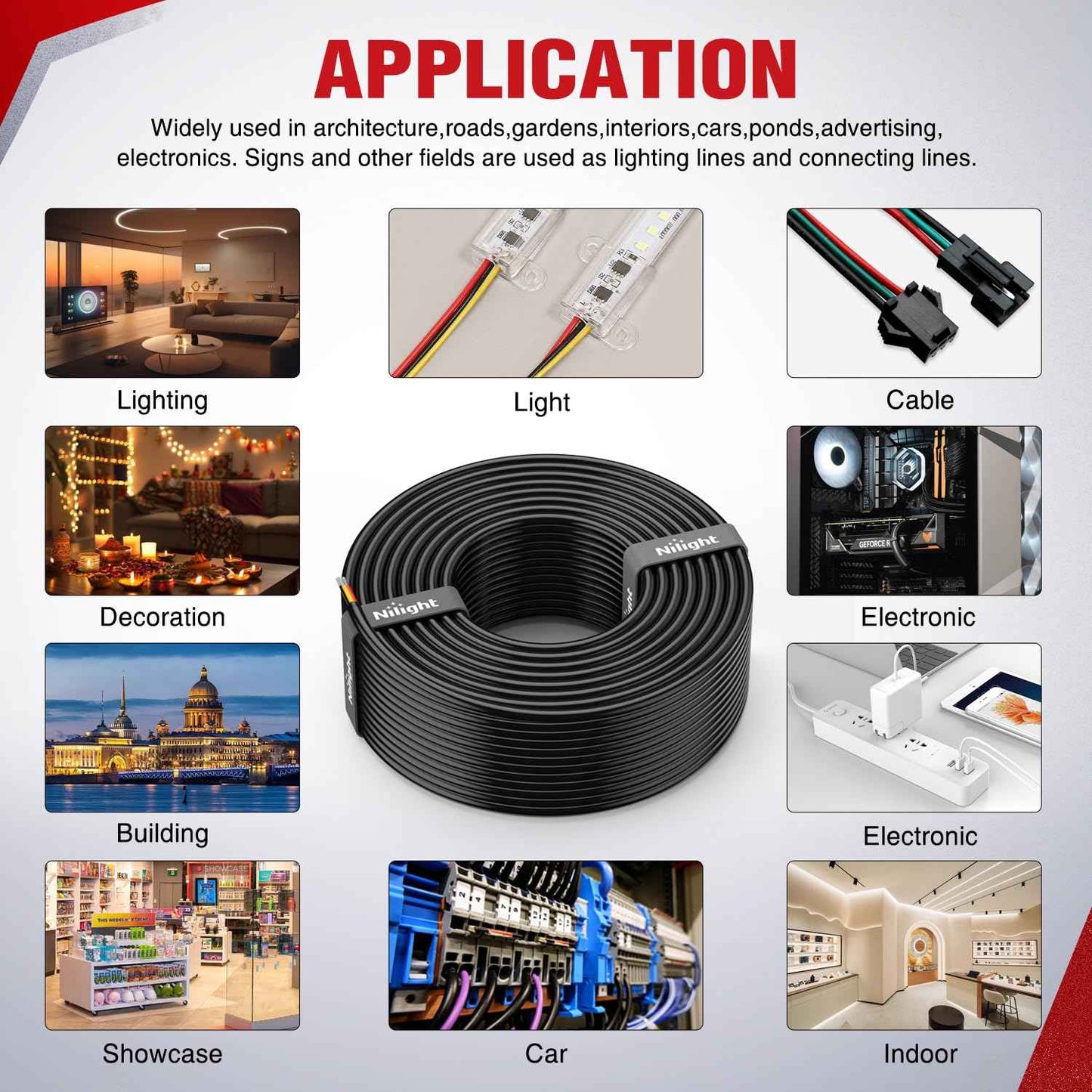 Nilight 50FT 20 Gauge 3 Conductor Electrical Wire Tinned Oxygen Free Copper Red Black Yellow 3 Wires Parallel 600V DC Flexible PVC Case Extension Cords for LED Strips Lamps Lighting