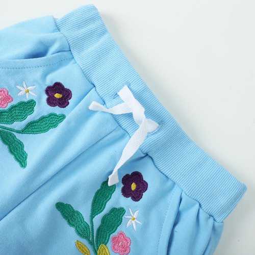HILEELANG Toddler Girls Cotton Joggers Sweatpants Floral Embroidery Drawstring Waist and Pockets-Pink Blue Casual Athletic Pants for Kids 3Y