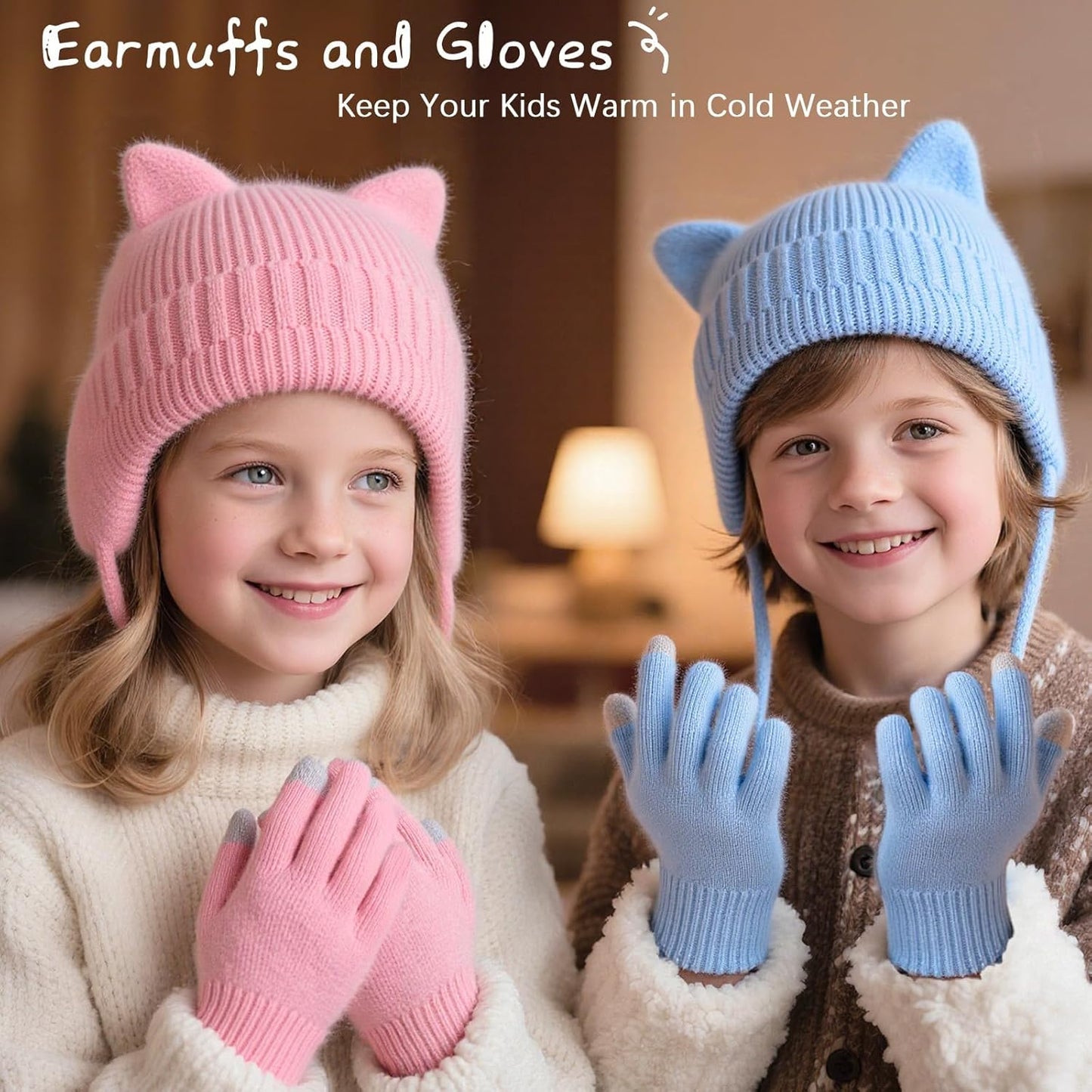 ZOORON Kids Winter Hat & Glove Set - Cat Beanie with Warm Ear Flaps | Knit Skull Cap for Ages 5-15